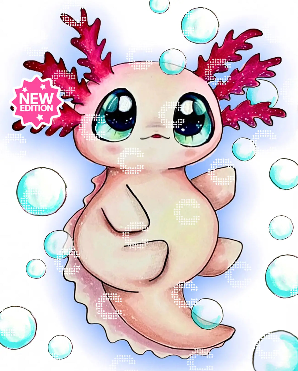 Diamond Painting Original-Kunstwerk eines niedlichen Axolotl mit großen Augen und von schimmernden Luftblasen umgeben
