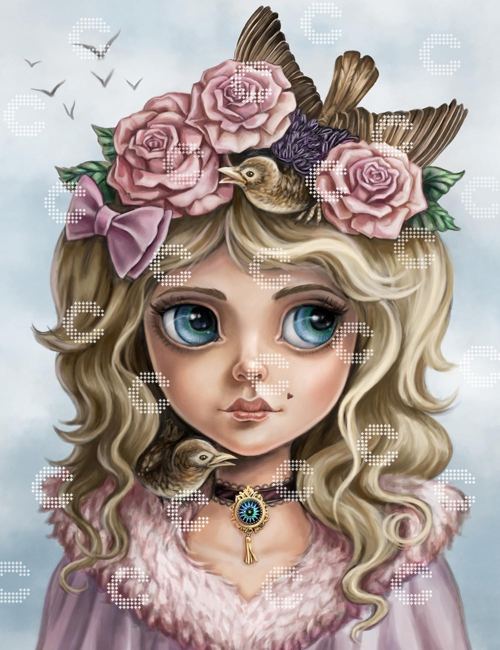 Diamond Painting Mädchen mit großen Augen und goldenen Locken, einer Krone aus zartrosa Rosen und einem kleinen Vogel auf dem Kopf vor einem Himmel mit Wolken