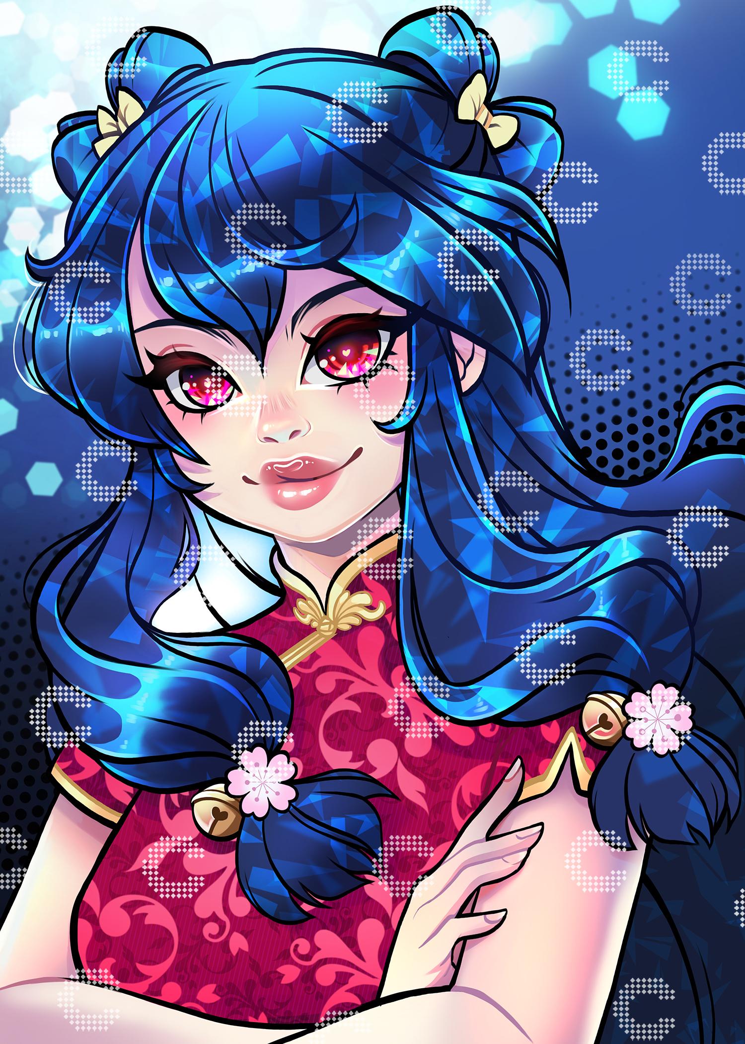Diamond Painting mit einem Mädchen mit großen, charismatischen Augen und lebendigen blauen Haaren, das ein prächtiges rotes Kleid mit Muster trägt, umgeben von einem leuchtenden Bokeh