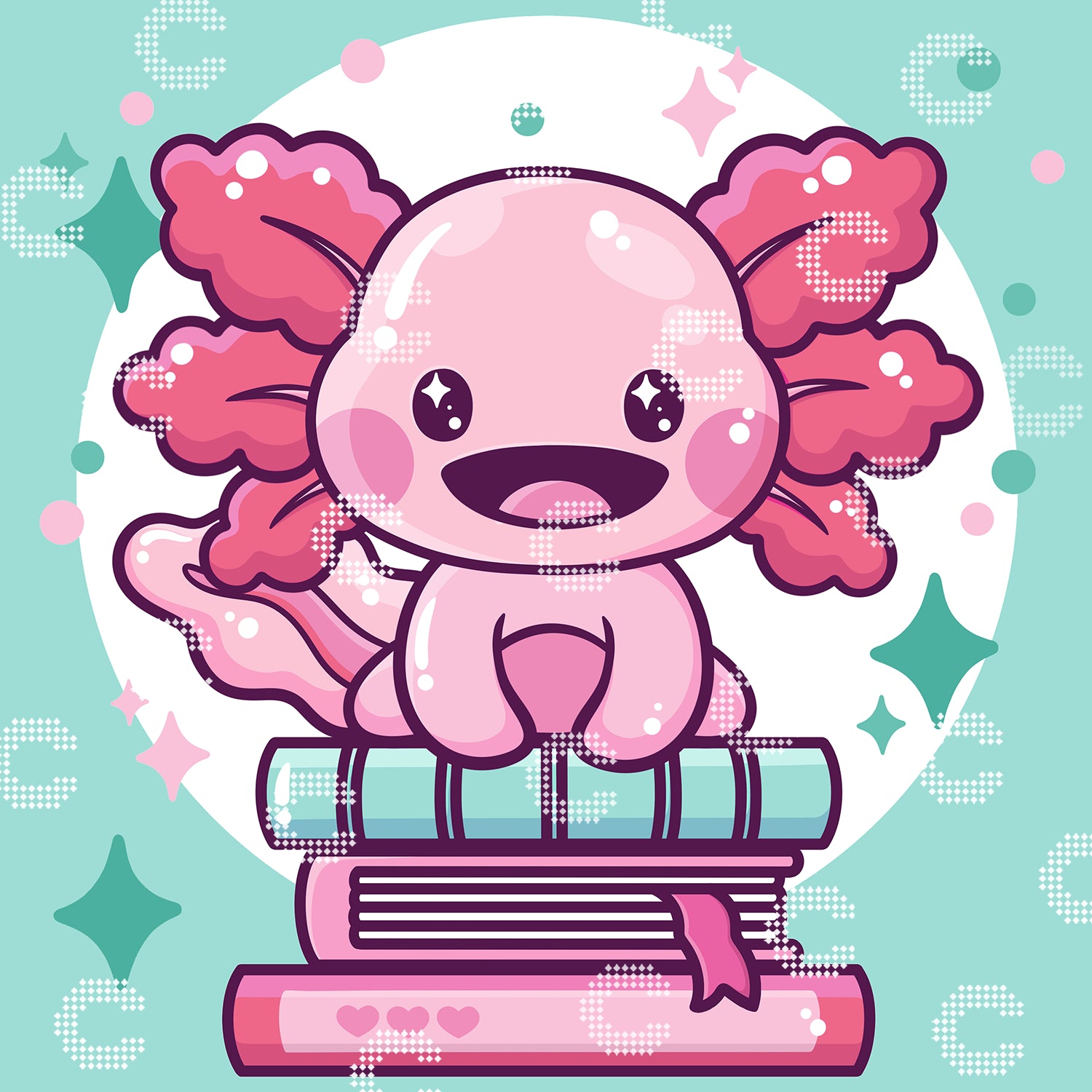 Diamond Painting Original-Bild mit einem niedlichen rosa-pinken Kawaii-Axolotl mit strahlenden Augen, das auf einem Stapel Bücher sitzt