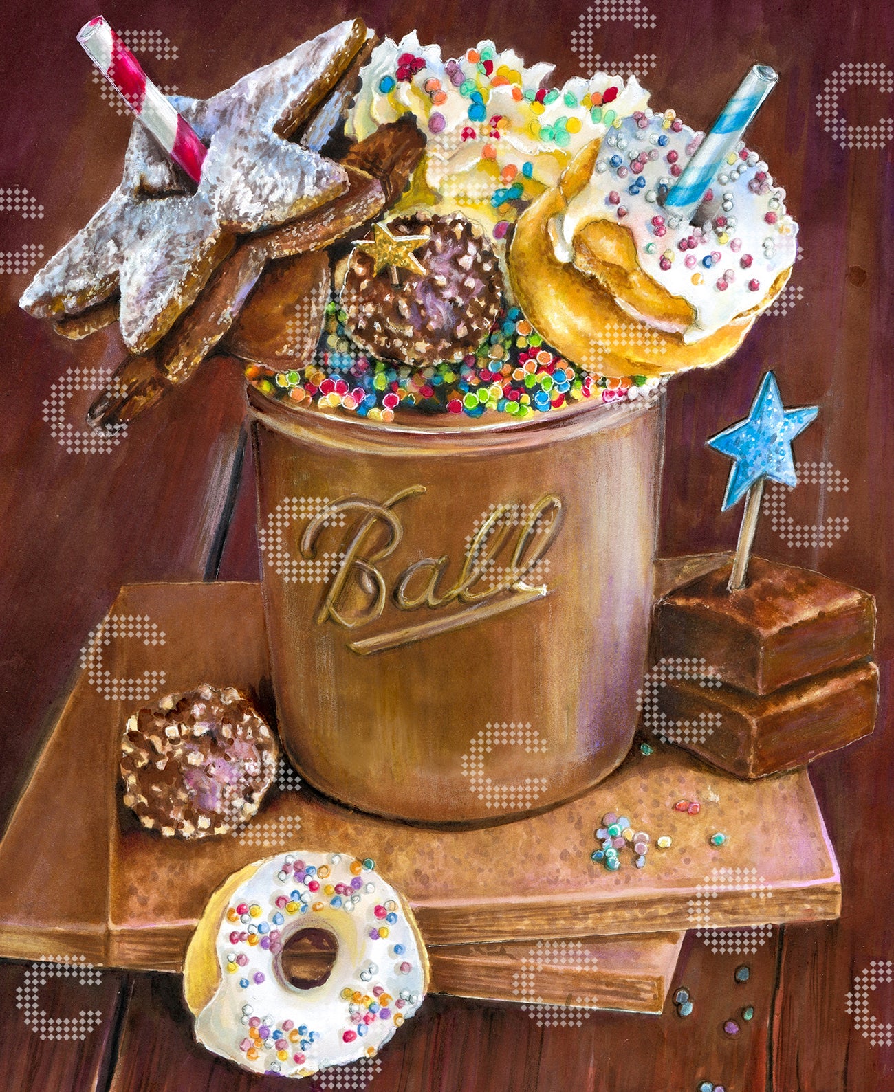 Diamond Painting heiße Schokolade mit Sahne, Donuts, Keksen, Pralinen und bunten Streuseln als gemütliches Wintermotiv