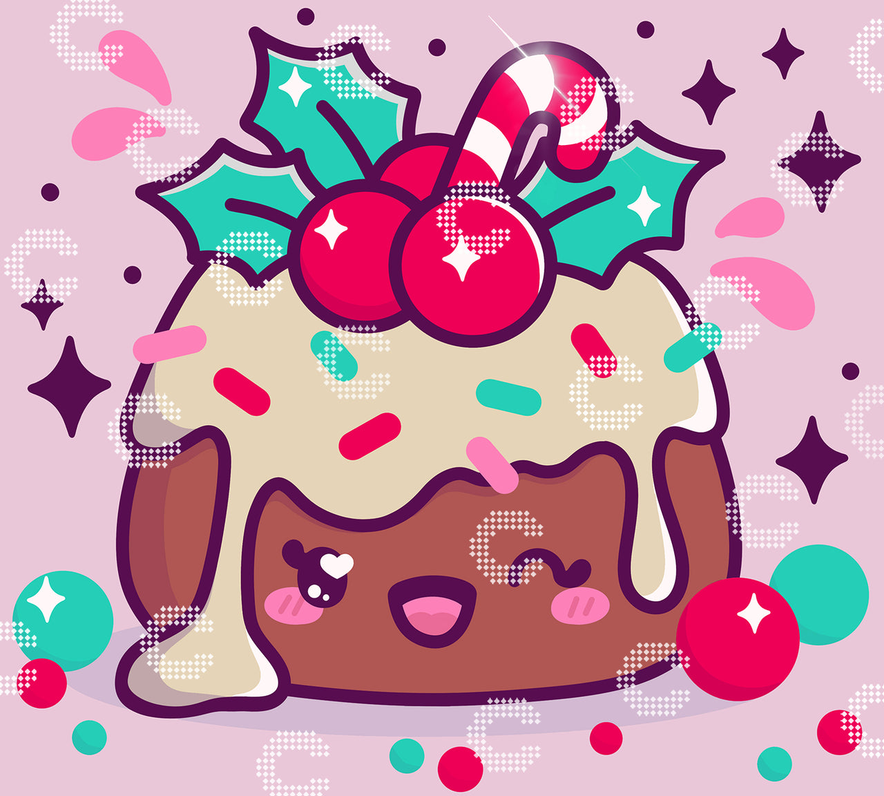 Diamond Painting mit einem niedlichen Kawaii Christmas-Pudding mit weißer Glasur, dekoriert mit Beeren und grünen Blättern sowie einer kleinen Zuckerstange obendrauf, umgeben von Tropfen, Beeren und Sternen