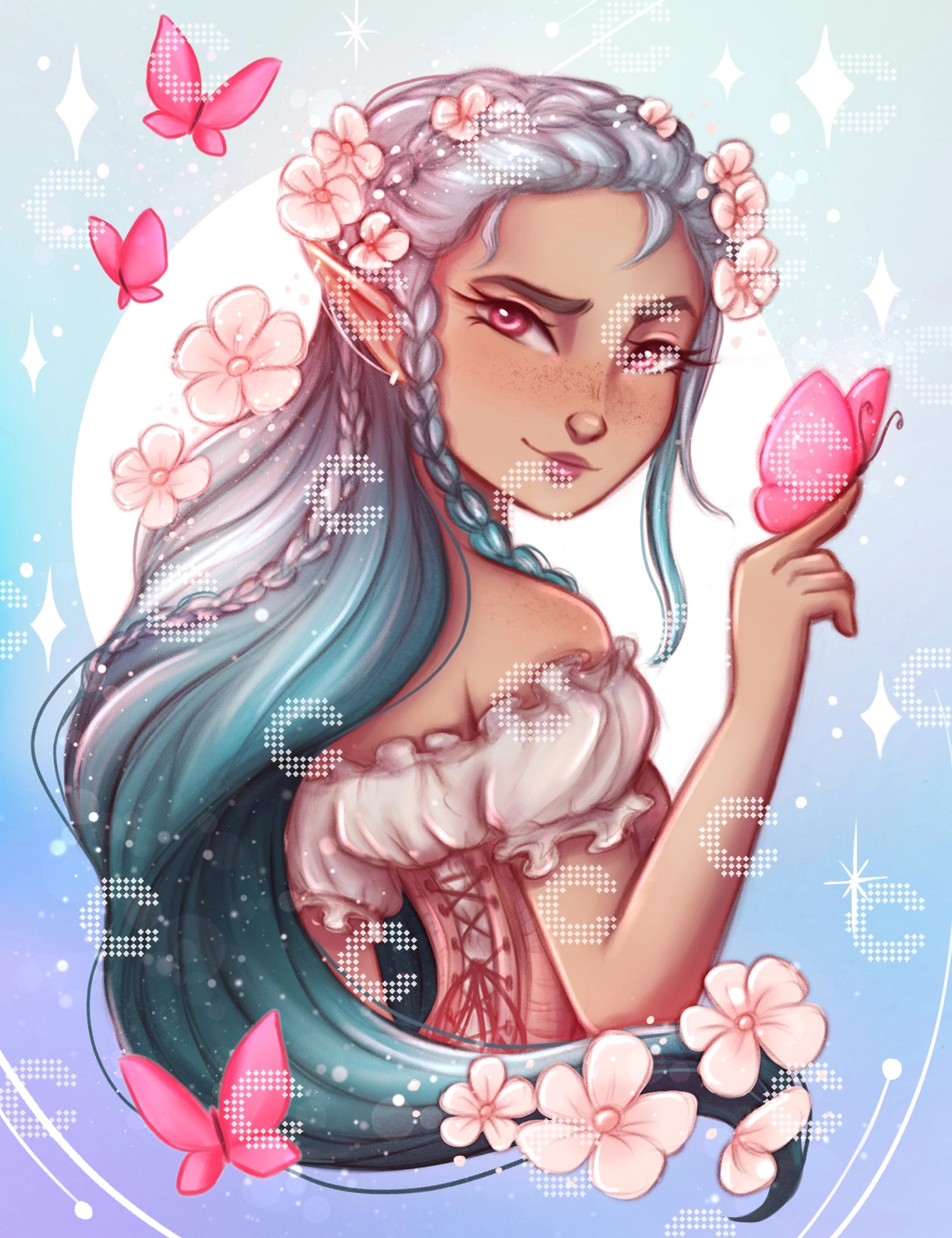 Diamond Painting Elfe zwischen zartrosa Blüten mit Schmetterling auf der Hand und weiteren Schmetterlingen in magischer Umgebung
