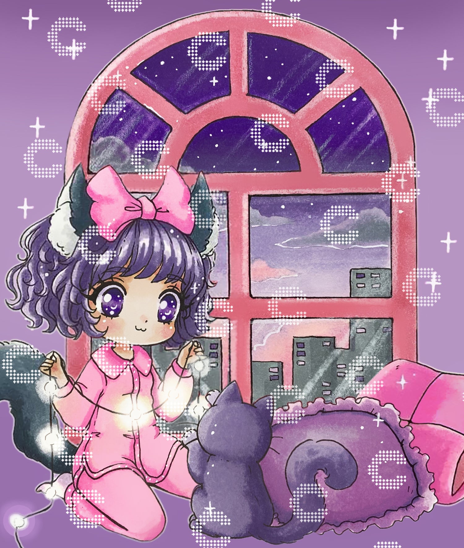 Diamond Painting mit einer kleinen süßen Neko im Pyjama und Katzenkostüm mit großen Augen und einer pinken Schleife im Haar, die gemeinsam mit ihrer kleinen schwarzen Katze eine Lichterkette sortiert, umgeben von Kissen vor einem großen Panoramafenster mit Blick auf die Skyline