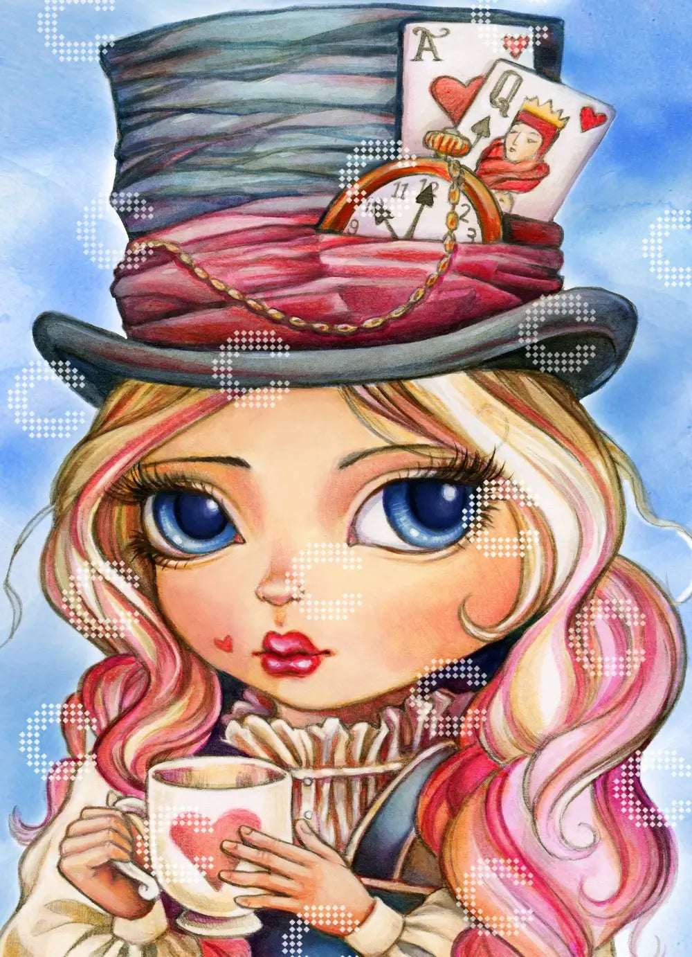 Diamond Painting Alice mit großen blauen Augen und Hut, einer Herztasse in der Hand, umgeben von Spielkarten und einer Taschenuhr