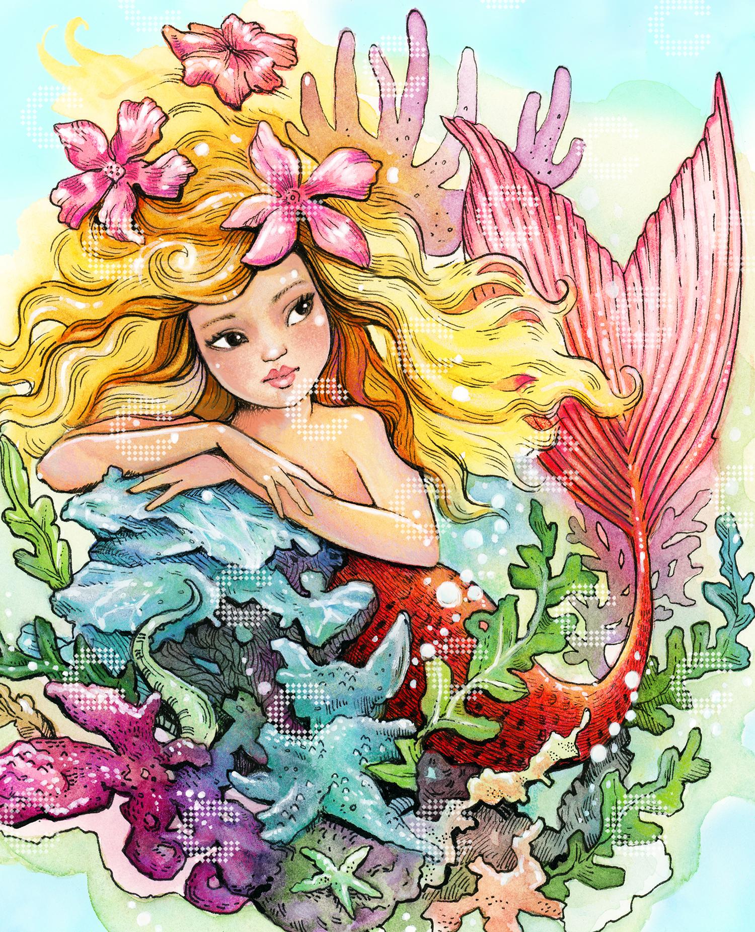 Diamond Painting träumende Meerjungfrau mit goldenem Haar, geschmückt mit leuchtend pinken Blumen, und schimmernder roter Schwanzflosse in einem farbenfrohen Korallenriff