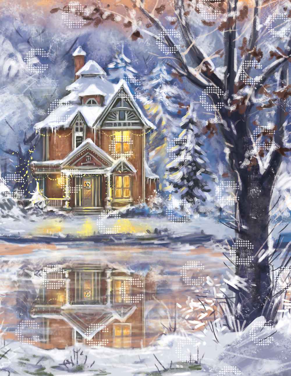 Diamond Painting festlich beleuchtetes Haus am See in einer verschneiten Winterlandschaft, dessen warme Lichter sich im ruhigen, zugefrorenen See spiegeln