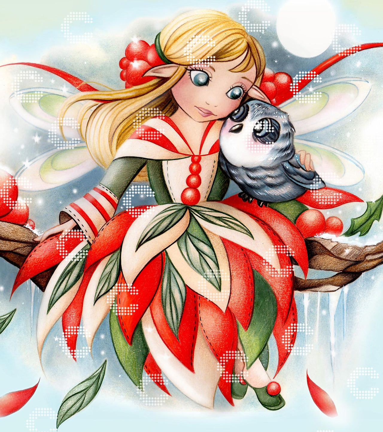 Diamond Painting kleine Winterfee im rot-grün-weißen Kleid mit Eule auf einem Ast und tanzenden Schneeflocken
