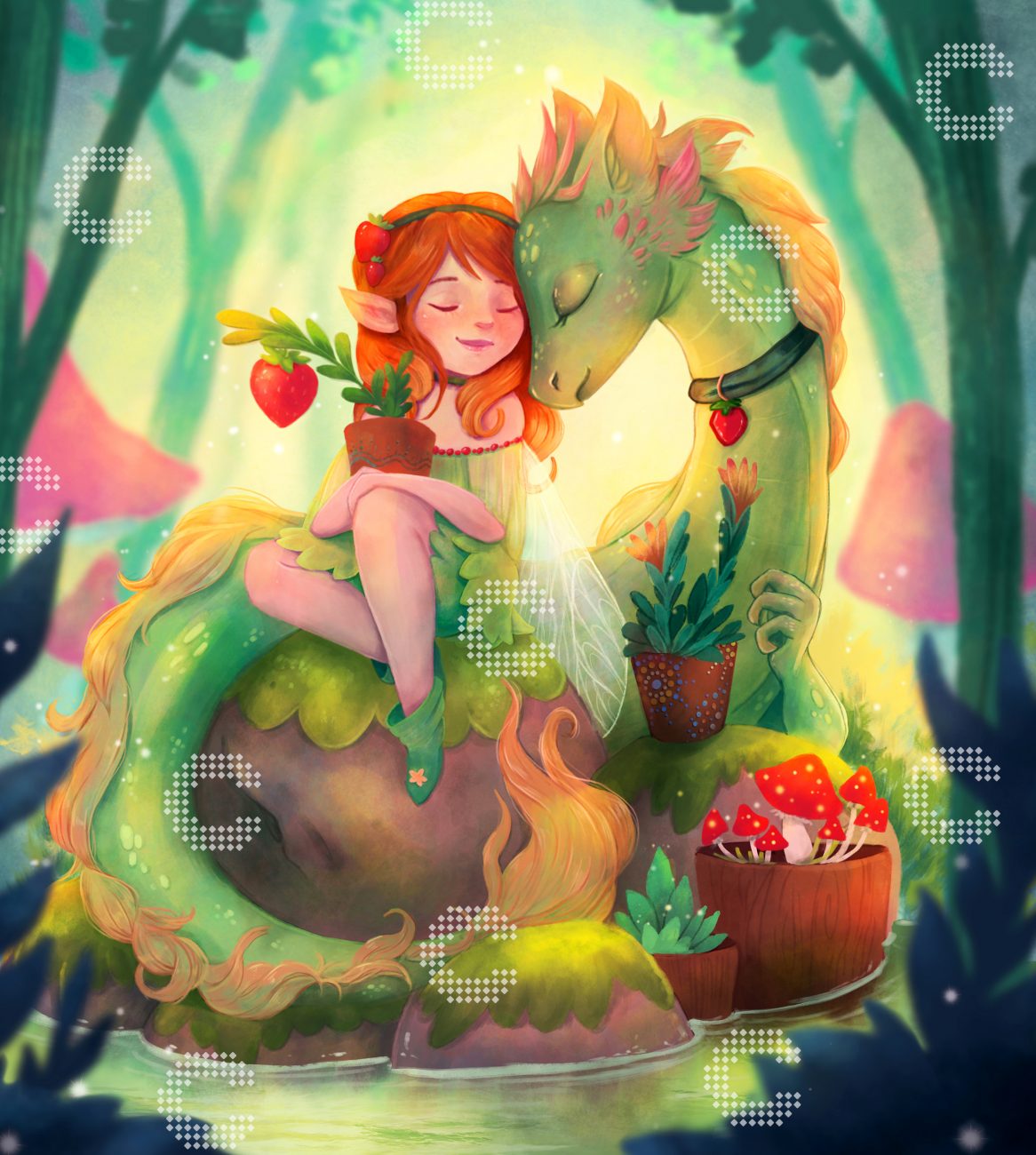 Diamond Painting mit einer kleinen Elfe, die gemeinsam mit ihrem großen grünen Drachen auf einer Insel sitzt und eine Erdbeerpflanze in den Händen hält, umgeben von einem geheimnisvollen Wald mit Pilzen