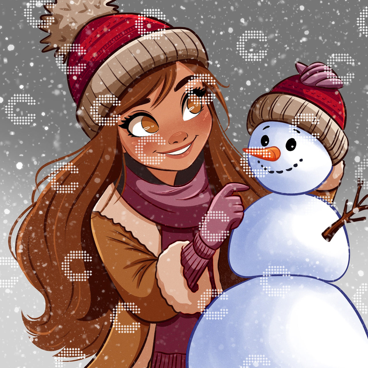 Diamond Painting Original-Kunstwerk mit einem Mädchen mit langen braunen Haaren und Schal neben einem Schneemann. Beide tragen die gleiche Mütze und lächeln sich an, während um sie herum Schneeflocken fallen