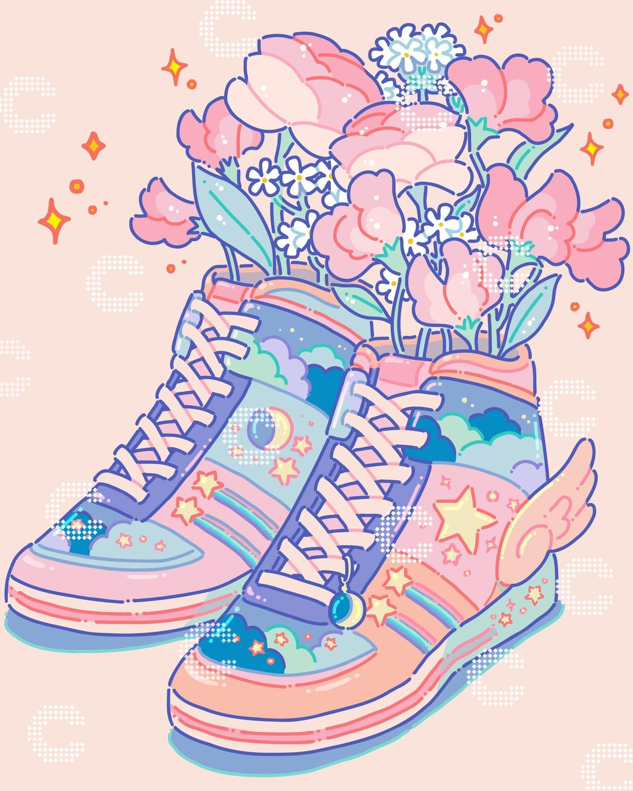 Diamond Painting von Hiroko mit fantasievollen Sneakers gefüllt mit sommerlichen Blumen in sanften Pastellfarben