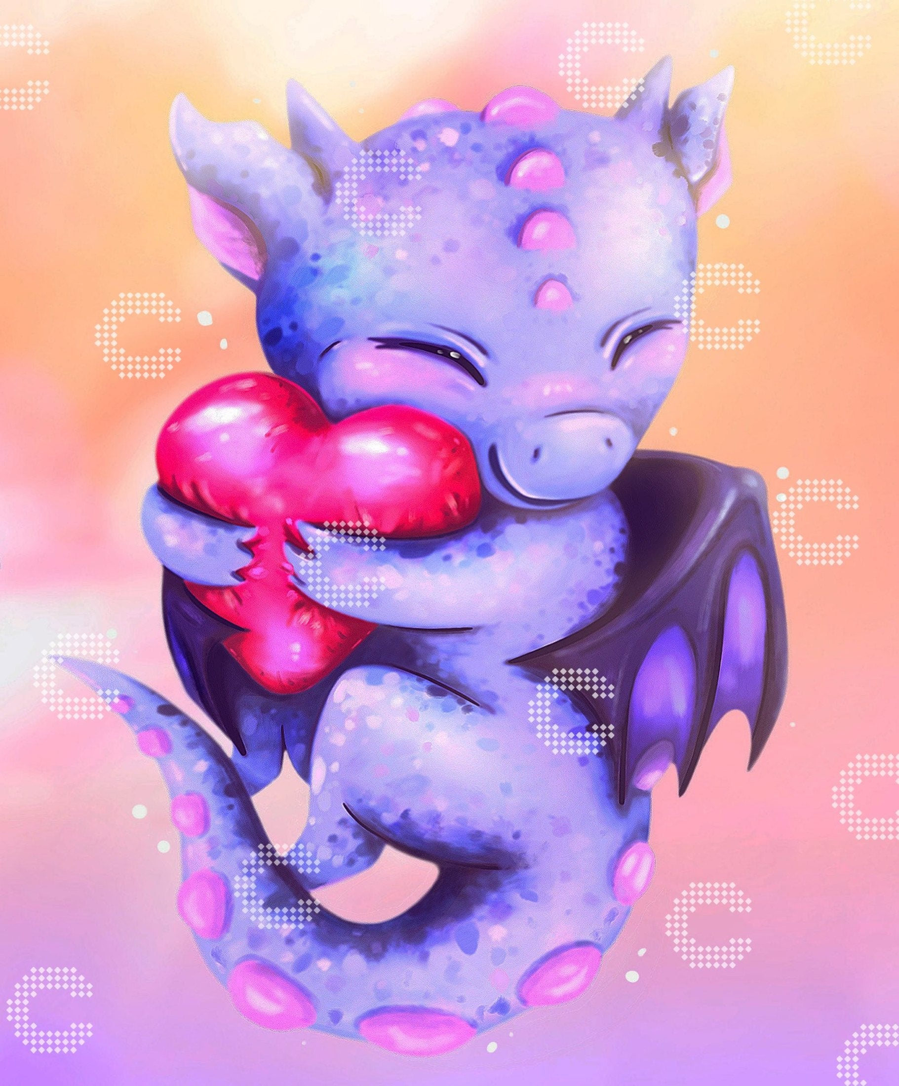 Diamond Painting mit einem kleinen lila Drachen mit geschlossenen Augen und Flügeln, der ein rotes Herz liebevoll fest umarmt