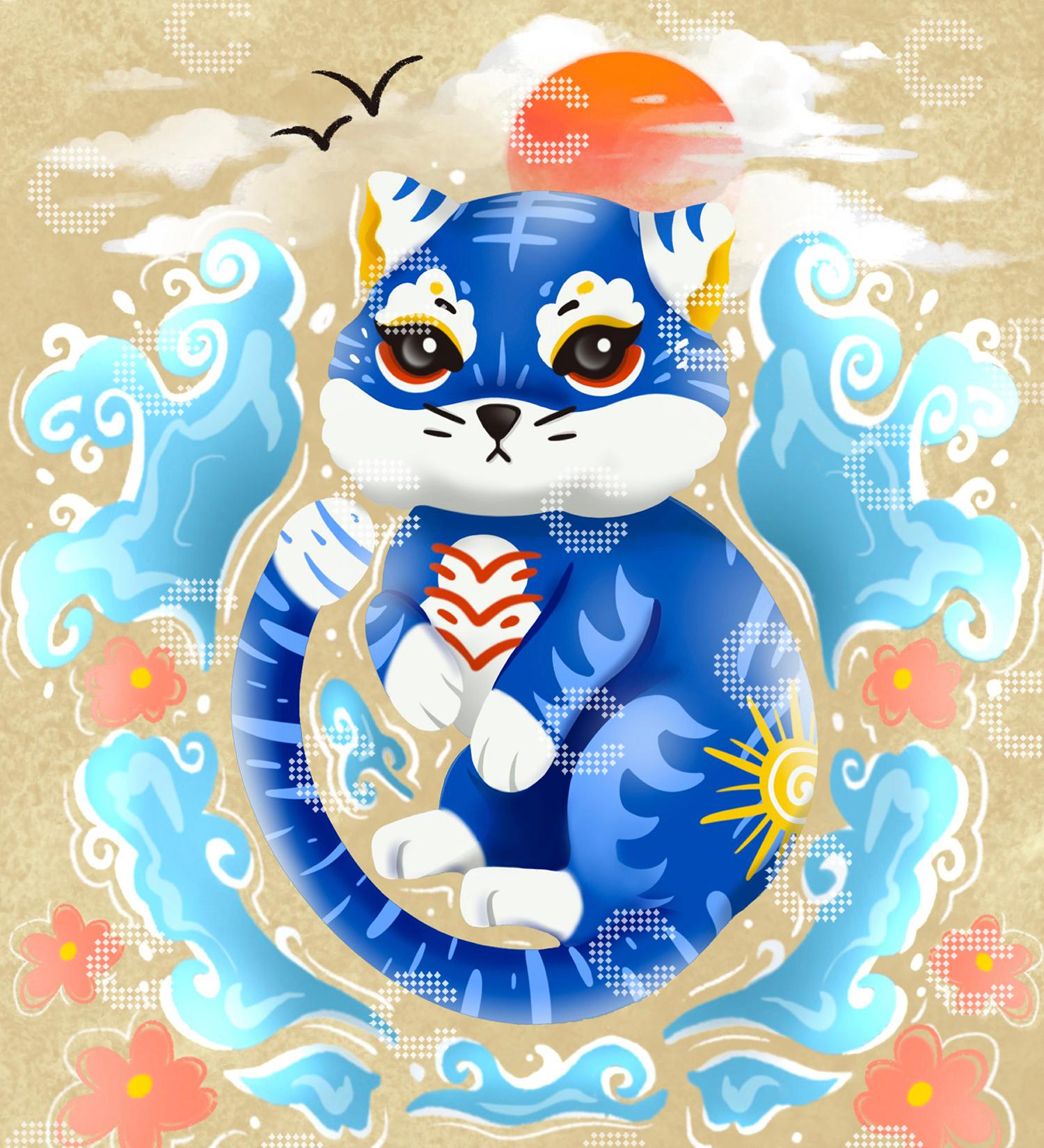 Diamond Painting blauer Wassertiger umgeben von Wellen, Blumen und aufgehender Sonne im asiatisch inspirierten Fantasy Stil
