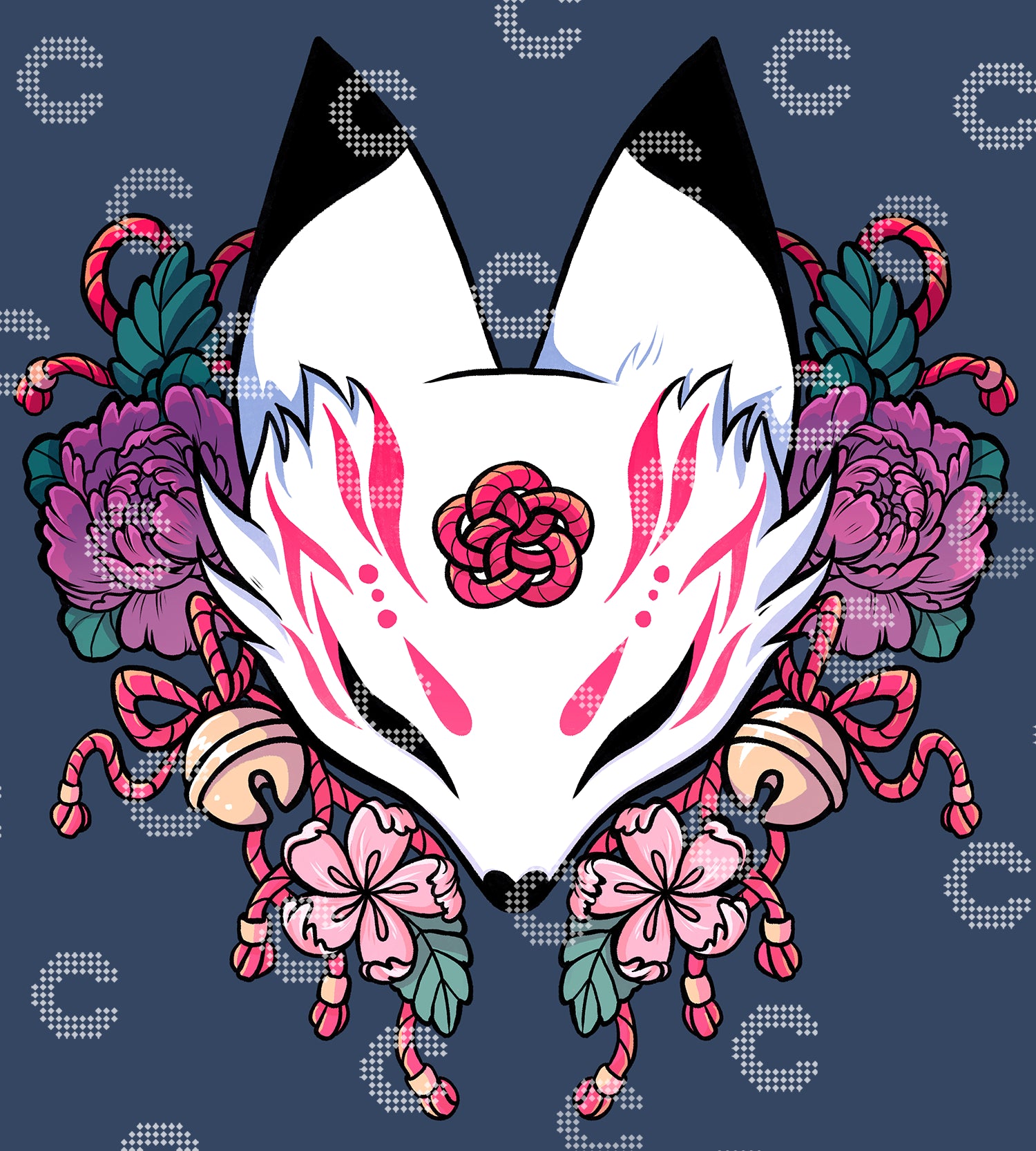 Diamond Painting Original-Kunstwerk mit einer Kitsune-Maske aus der asiatischen und japanischen Motivwelt, umgeben von Blüten, Blättern und kleinen Glöckchen