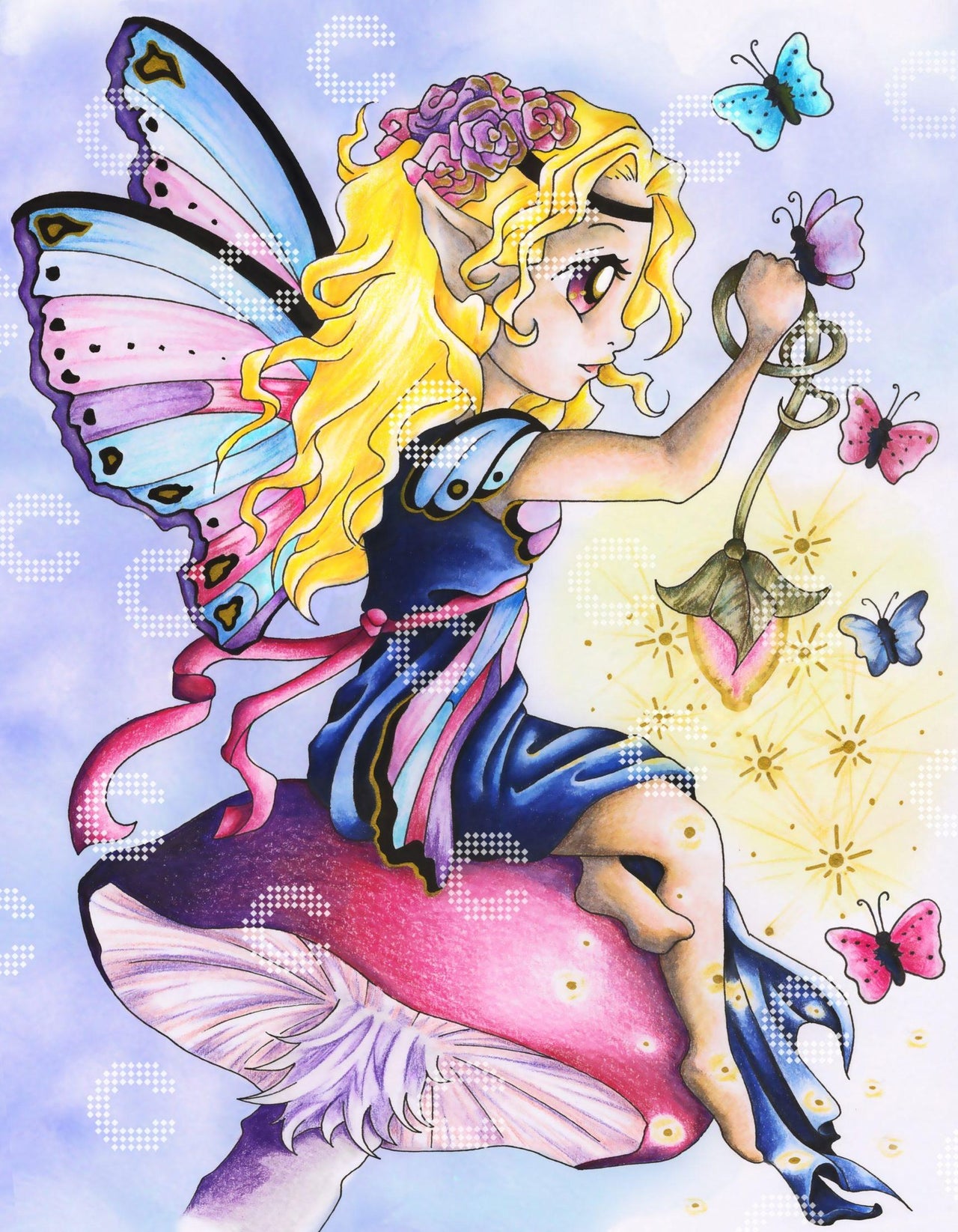 Diamond Painting kleine Schmetterlingsfee mit Flügeln, Blumen im blonden Haar und Blütenlampe auf einem magischen Pilz