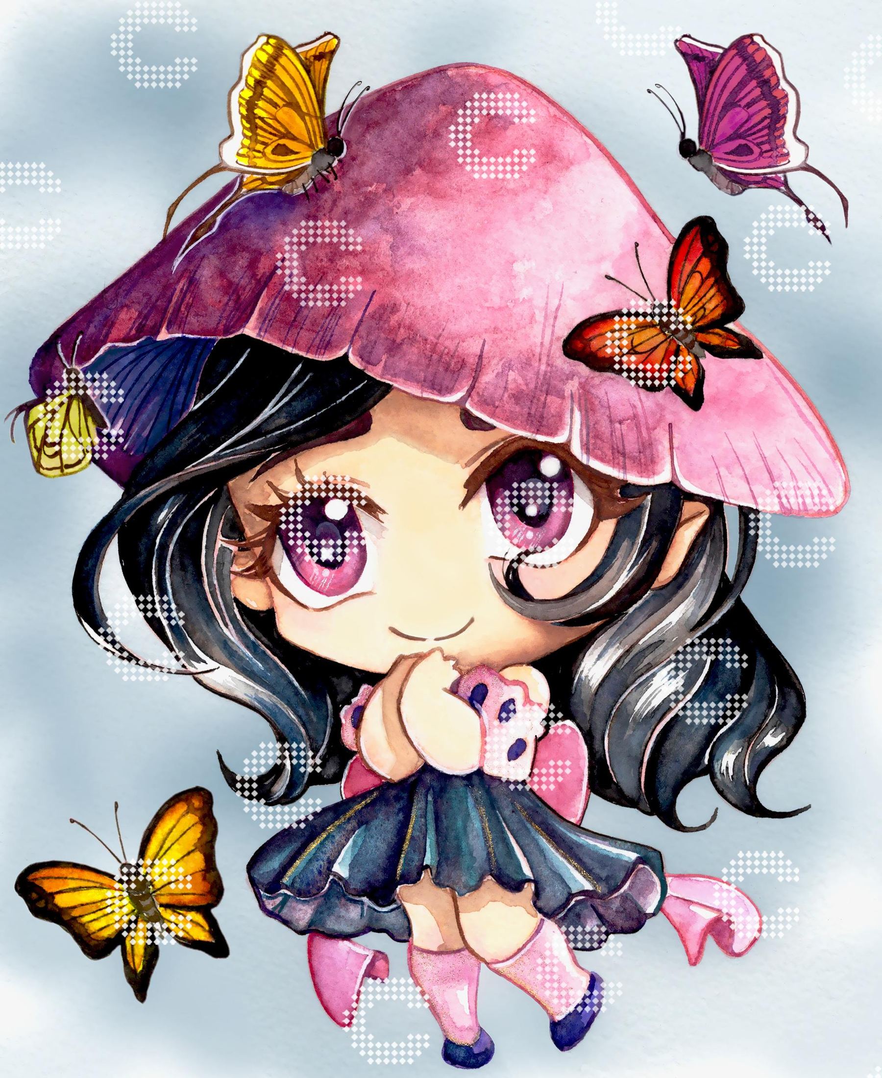 Diamond Painting kleine Chibi mit niedlichem Pilzhut und tanzenden Schmetterlingen als zauberhaftes Fantasy Motiv