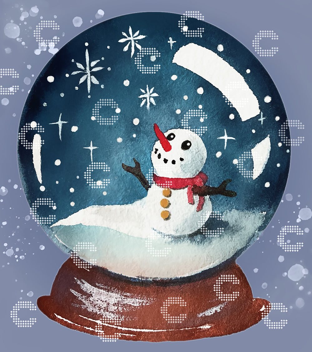 Diamond Painting fröhlicher Schneemann in einer funkelnden Schneekugel, umgeben von tanzenden Schneeflocken und glitzernden Sternen auf einer warmen Holzbasis