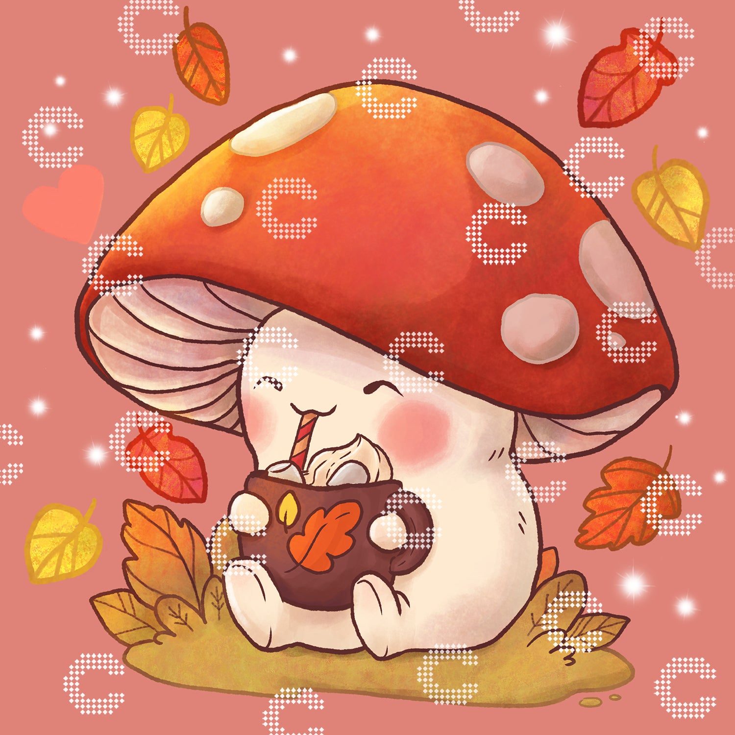 Diamond Painting Originalmotiv mit herbstlichem Motiv von einem kleinen Pilz mit rotem Hut und weißen Punkten, der gerade eine leckere heiße Schokolade genießt, während das bunter Herbstlaub um hin herum fällt