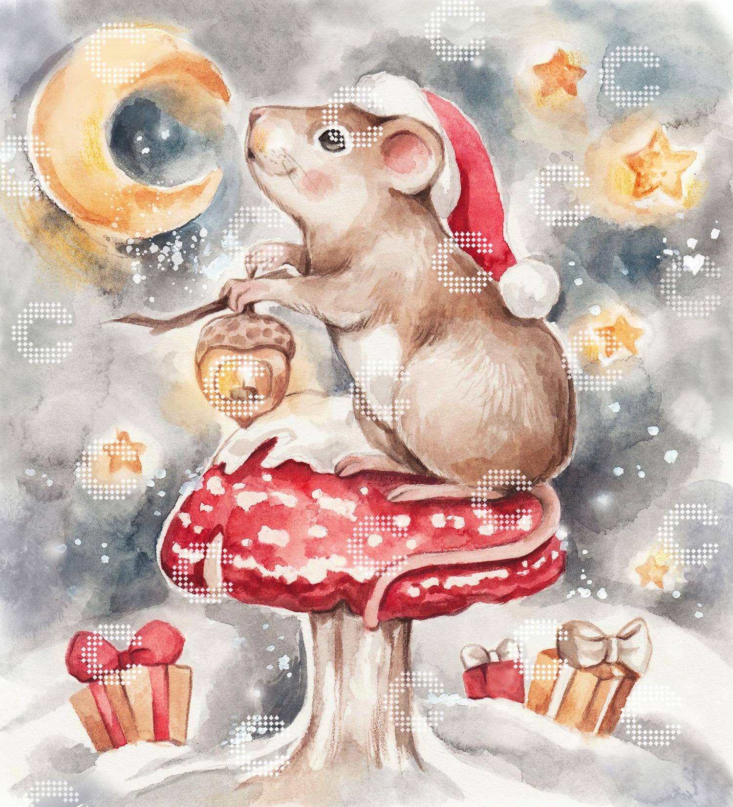 Diamond Painting kleine Weihnachtsmaus mit niedlicher Laterne in einer magischen Winternacht, umgeben von glitzernden Sternen und Mondschein, mit roter Weihnachtsmütze und leuchtend rotem Fliegenpilz