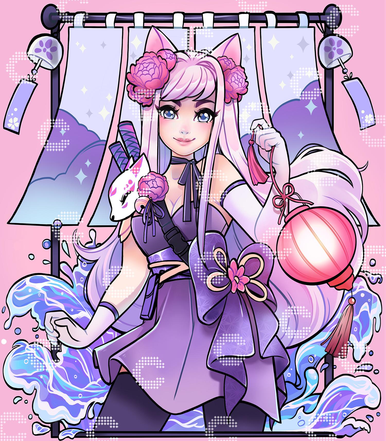 Diamond Painting Mädchen mit Kitsune Maske, Fuchsohren, Wasserwellen und japanischen Fahnen als mystisches Anime Motiv