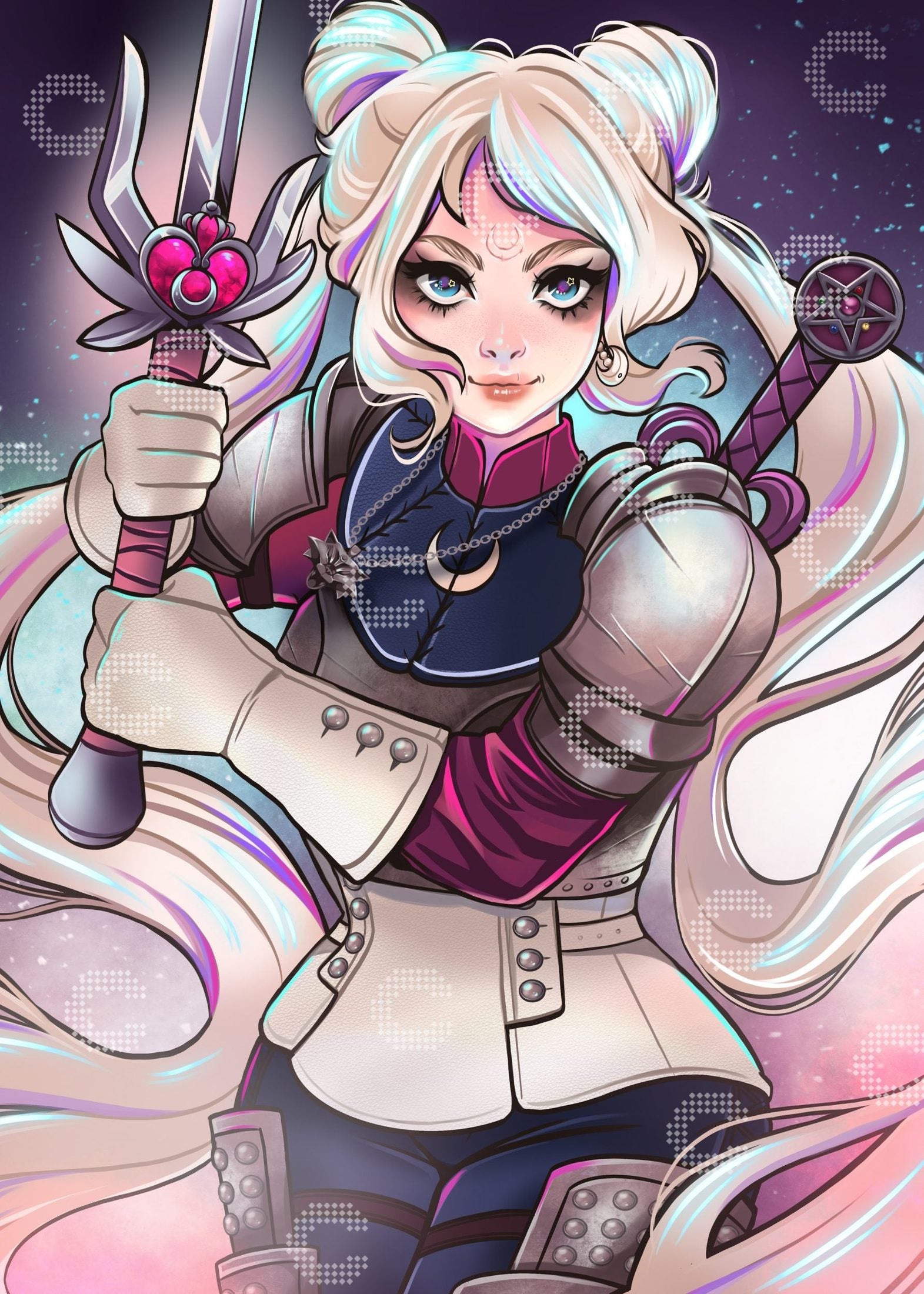 Diamond Painting mutige Mondkriegerin mit Schwert als kraftvolles Fantasy Portrait im Anime Stil