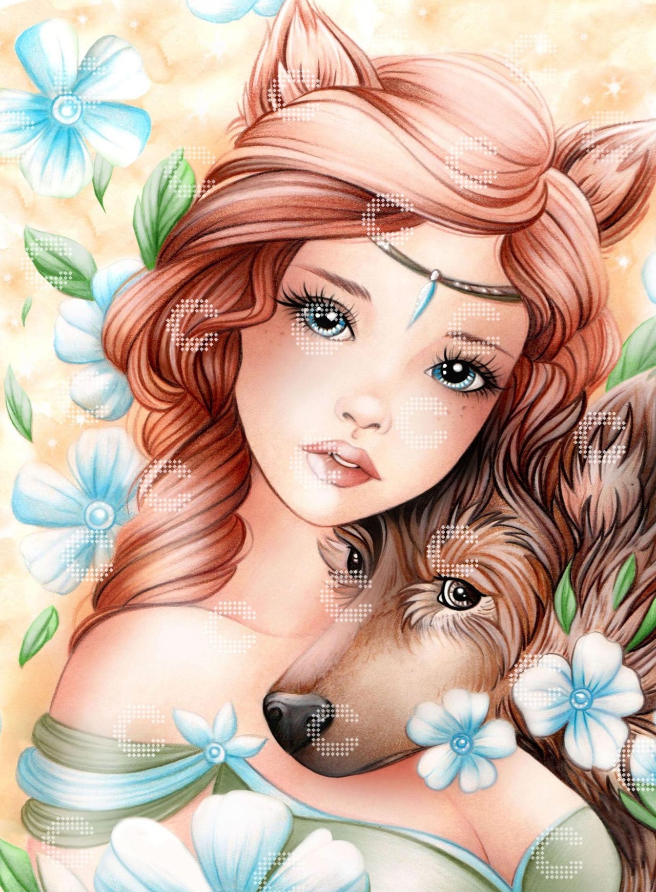 Diamond Painting mit einem Mädchen mit langen roten Haaren und pelzigen Fuchsohren, das von seinem treuen Hund begleitet wird, umgeben von zarten weiß-blauen Blüten und filigranen Blättern