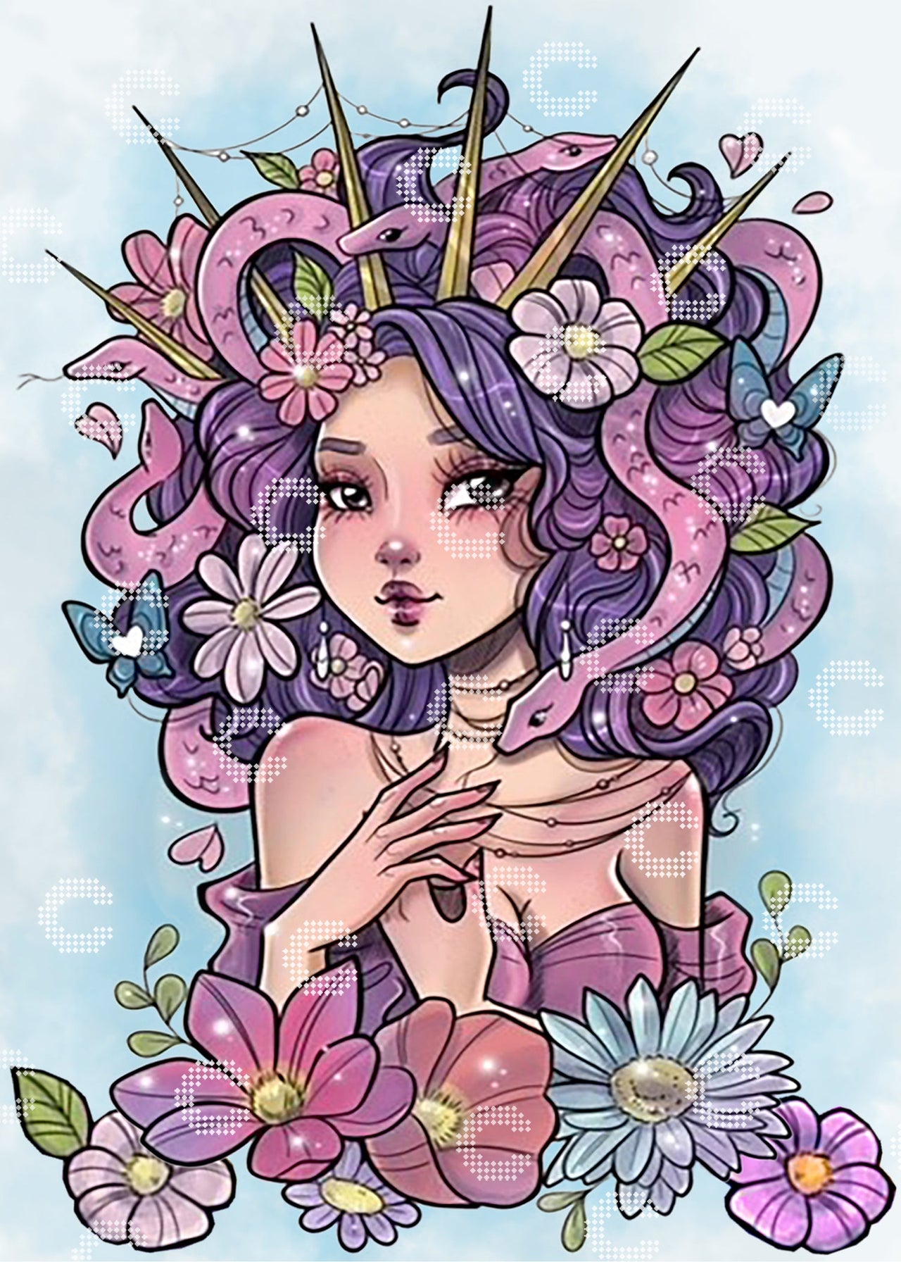 Diamond Painting Medusa mit Schlangenhaaren und Blüten, umgeben von zarten Schmetterlingen in einer mystischen Fantasy Szene