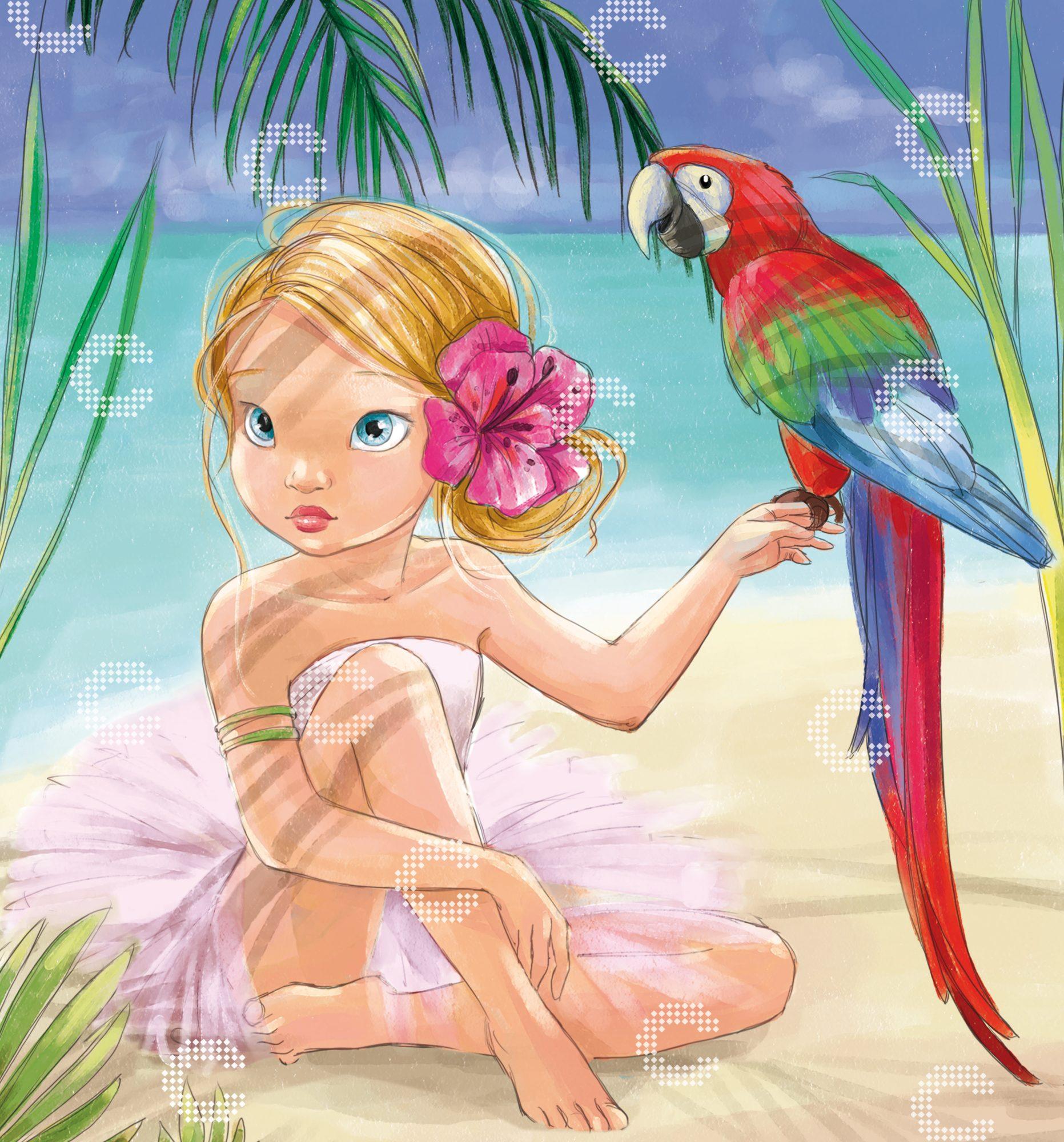 Diamond Painting kleines blondes Mädchen im Ballerina Tutu mit pinker Blume im Haar und buntem Papagei auf der Hand am Strand