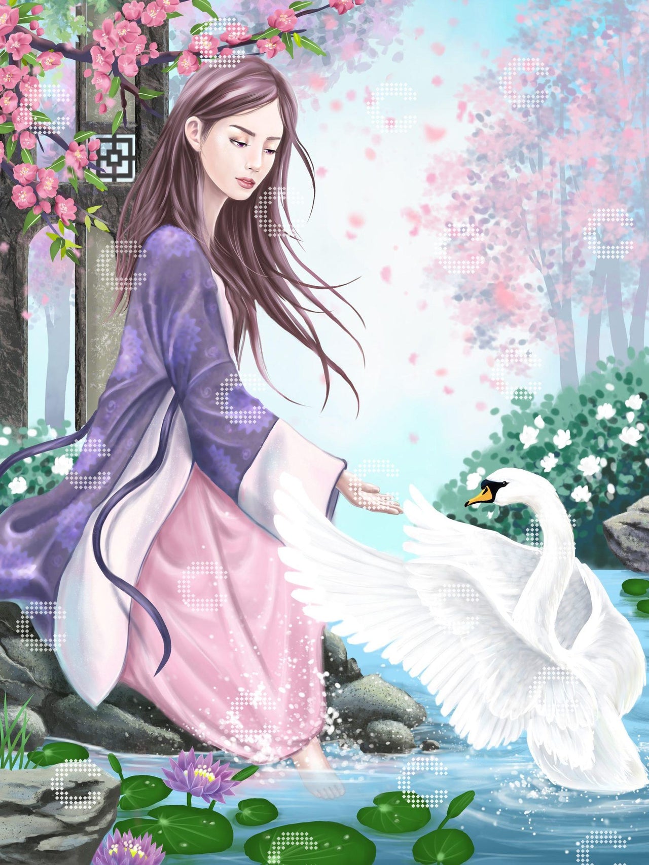 Diamond Painting Mädchen im lila Kimono füttert einen weißen Schwan in einem asiatischen Garten