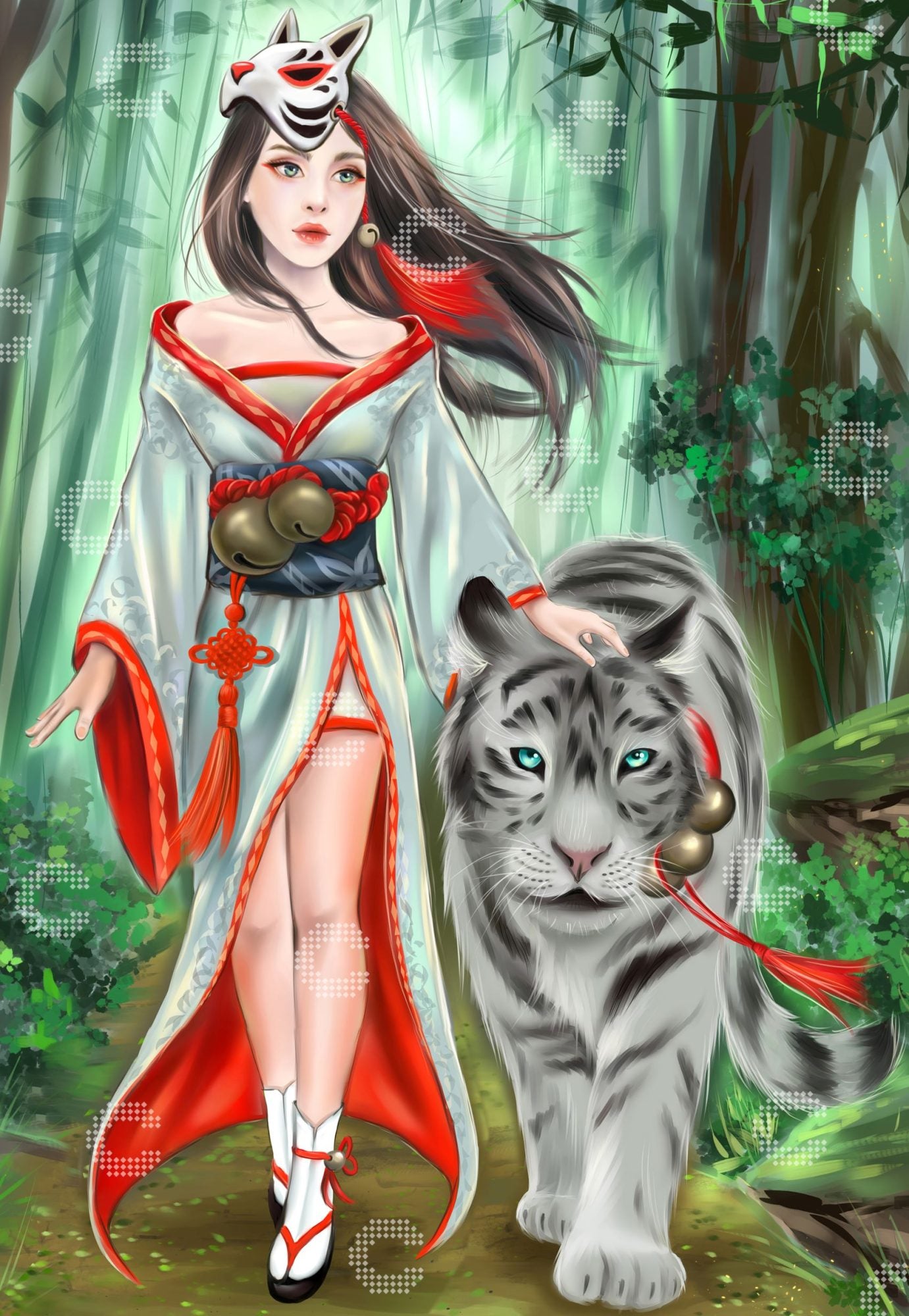 Diamond Painting Mädchen im Kimono mit einem Tiger an ihrer Seite bei einem gemeinsamen Spaziergang durch den Wald