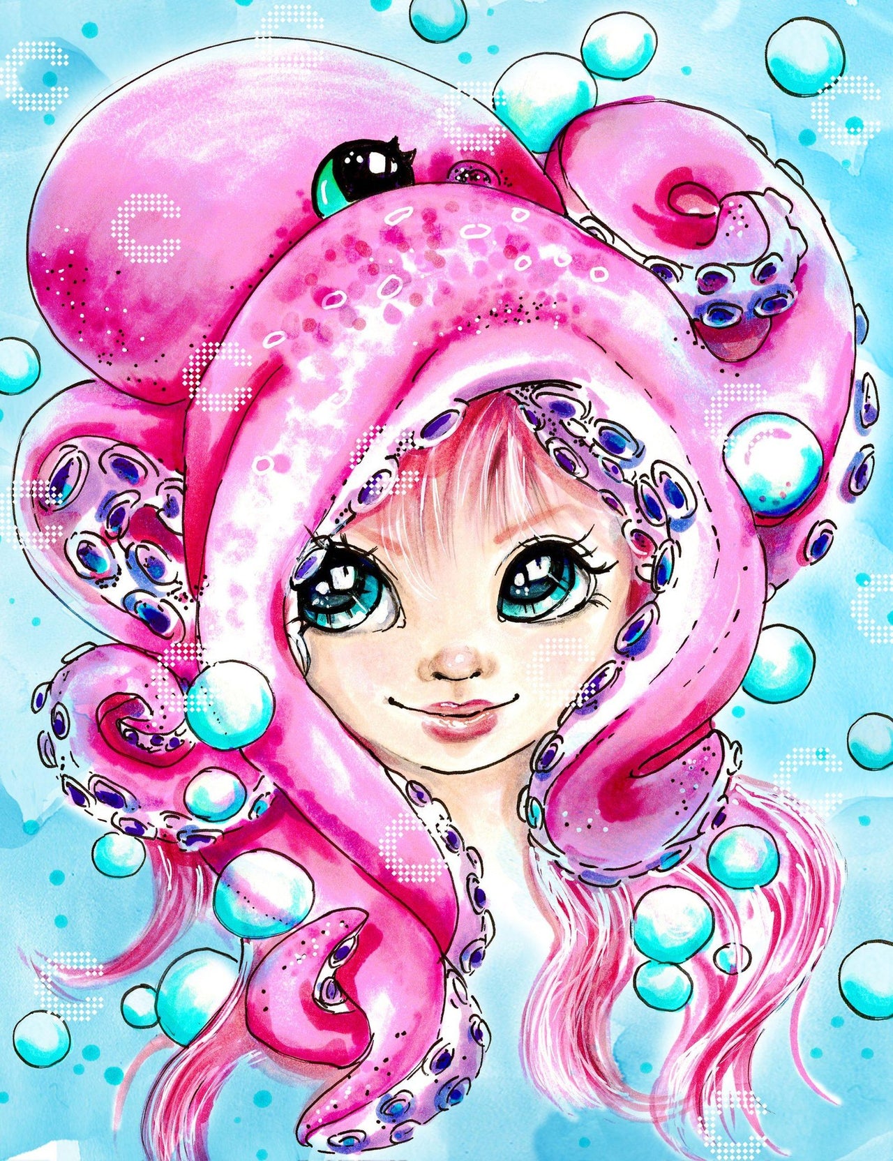 Diamond Painting Mädchen mit pinkfarbenem Oktopus auf dem Kopf, umgeben von schimmernden Luftblasen