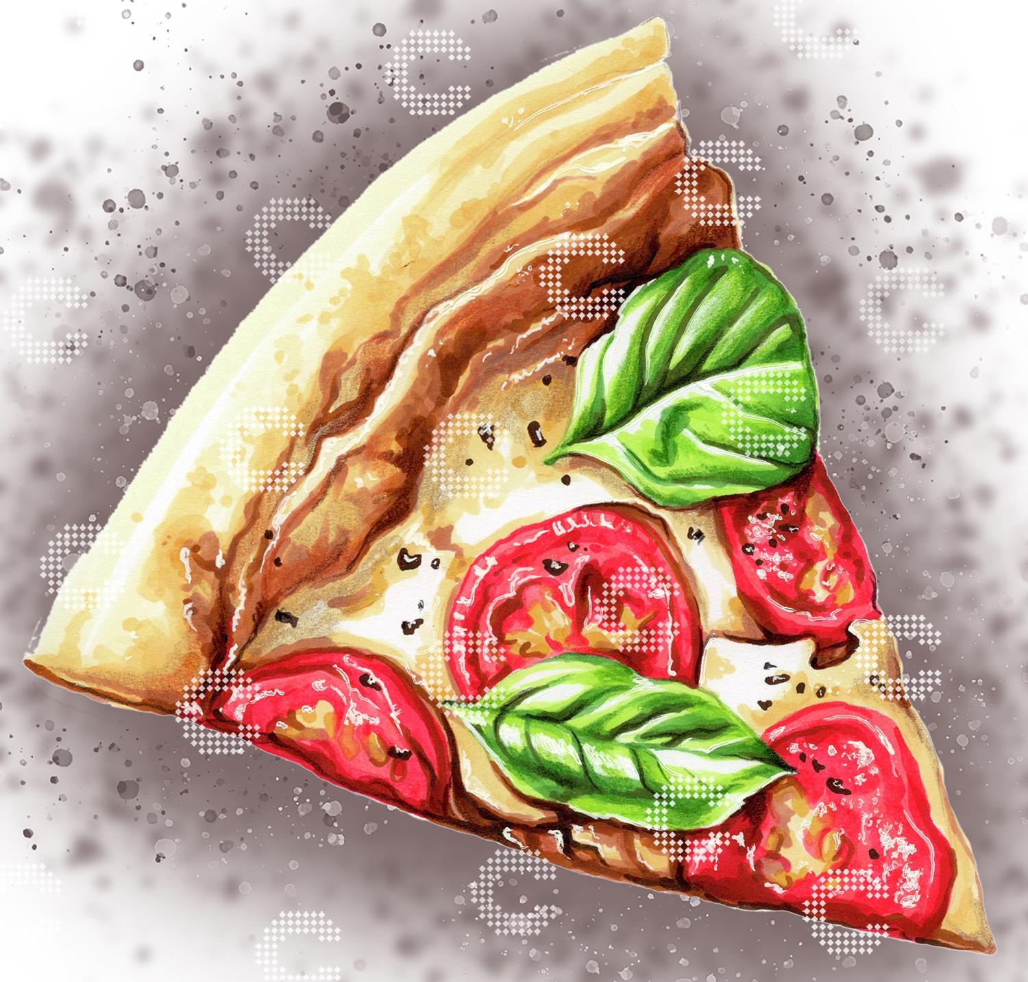 Diamond Painting saftiges Stück Pizza mit leuchtend roten Tomaten und frischem Basilikum, detailreich und appetitlich in Szene gesetzt