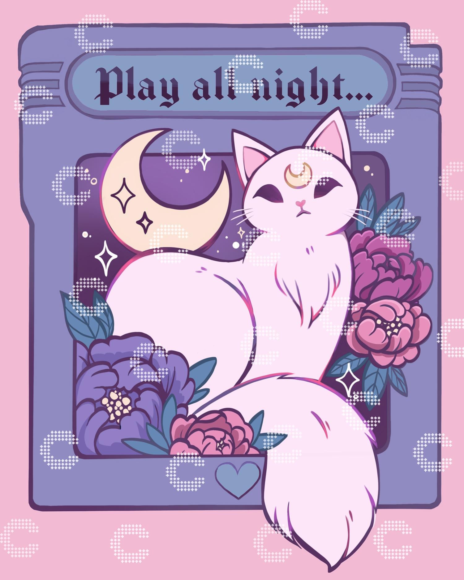 Diamond Painting magische weiße Katze unter Sternenhimmel mit Halbmond, Rosen und mystischen Blumen als Fantasy Motiv