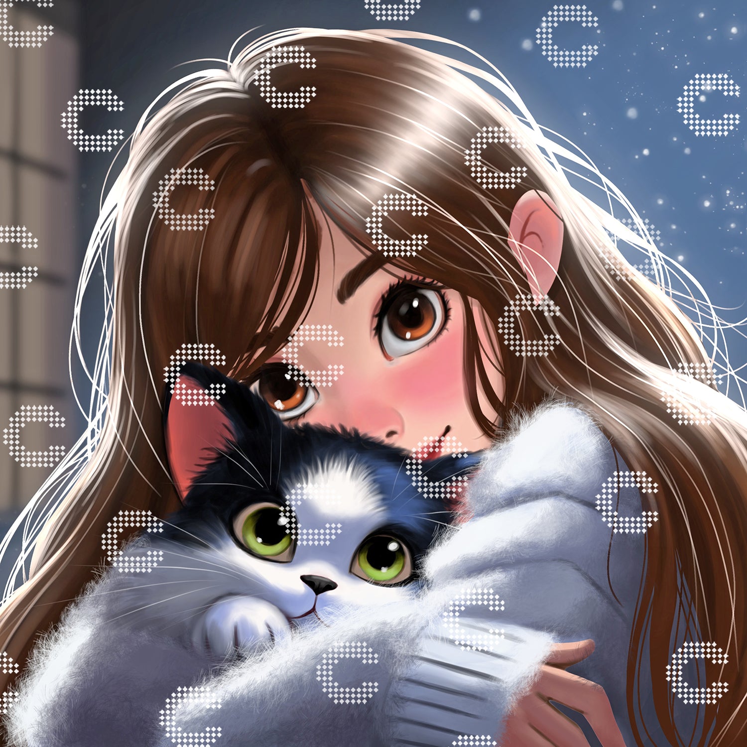 Diamond Painting Originalbild mit einem Mädchen mit dunklen Haaren und kuscheligem Wollpullover, das liebevoll mit einer Katze kuschelt, vor einem funkelnden Sternenhimmel