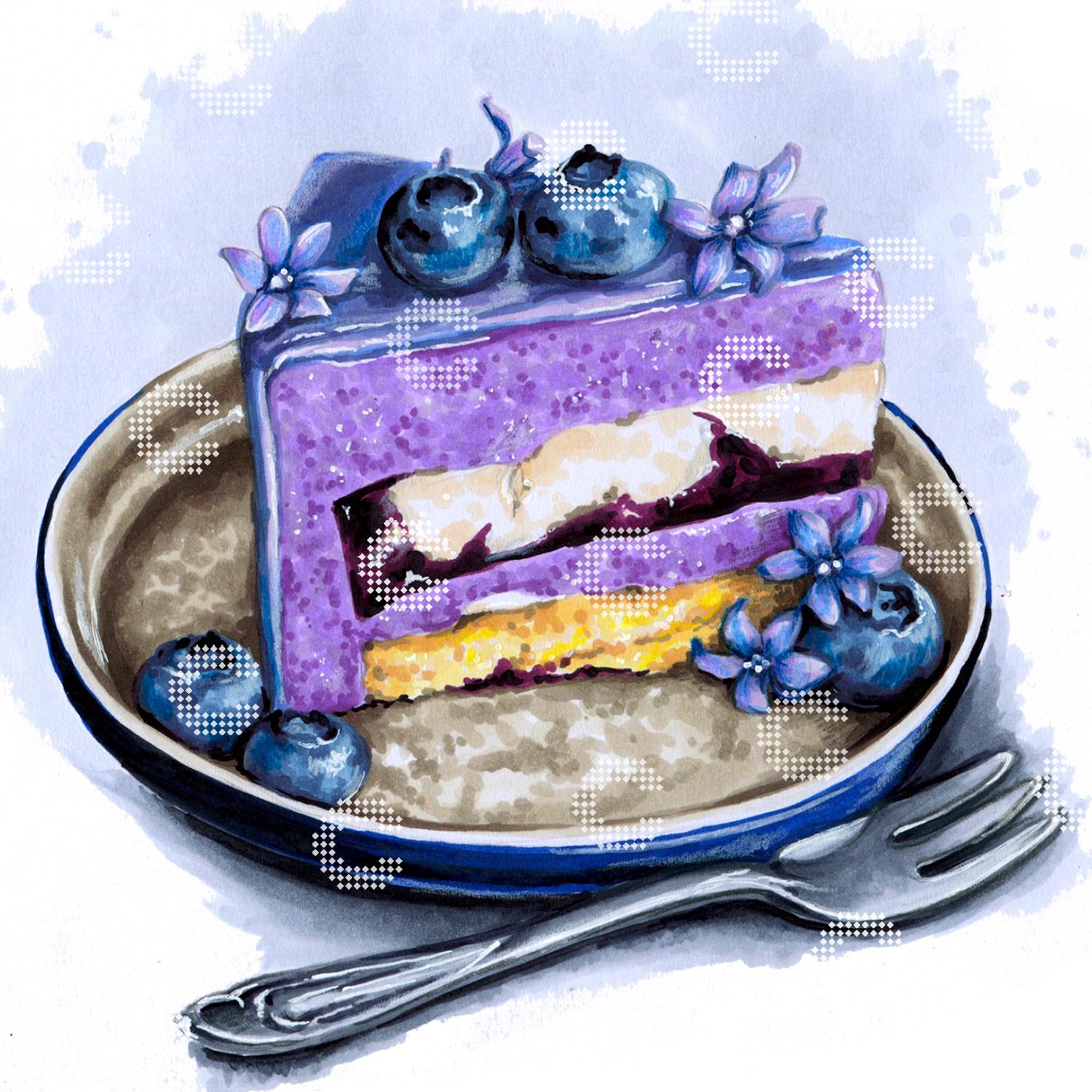 Diamond Painting lila Torte, verziert mit saftigen Blaubeeren und kleinen blauen Blüten, auf einem Teller mit Gabel