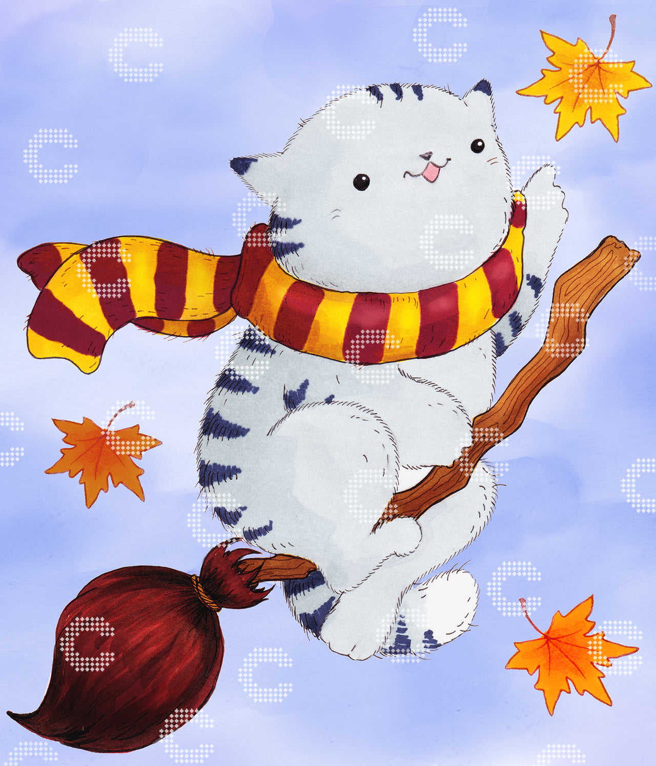 Diamond Painting Original-Bild niedliche Katze als Zauberer, die auf ihrem Besen und mit ihrem gestreiften Schal durch die Lüfte reitet, umgeben von bunten Laub