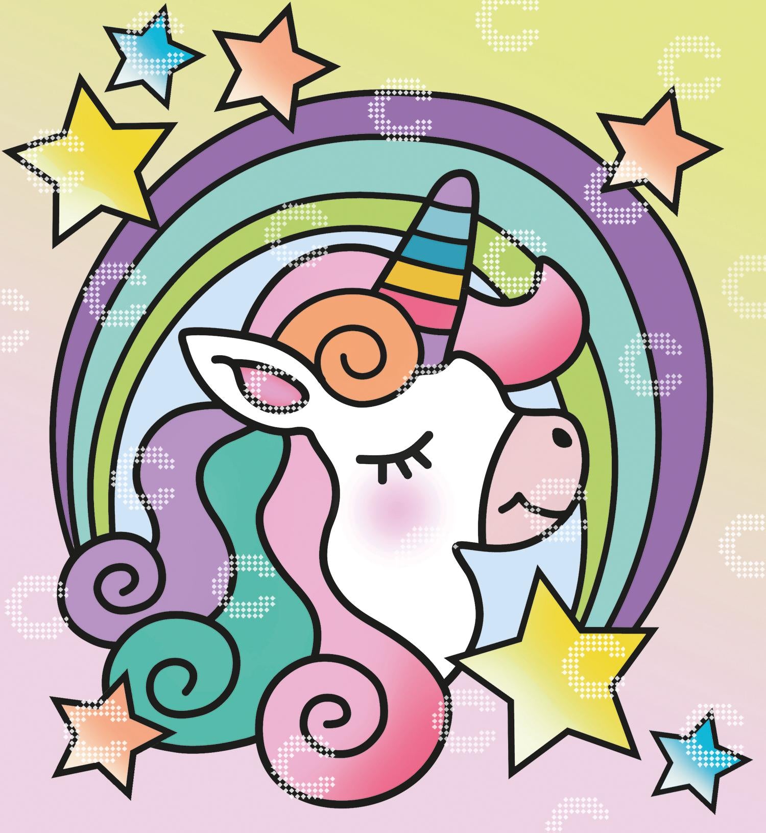 Diamond Painting Einhorn mit wallender, farbenfroher Mähne und schimmerndem Regenbogenhorn vor einem leuchtenden Regenbogen und funkelnden Sternen
