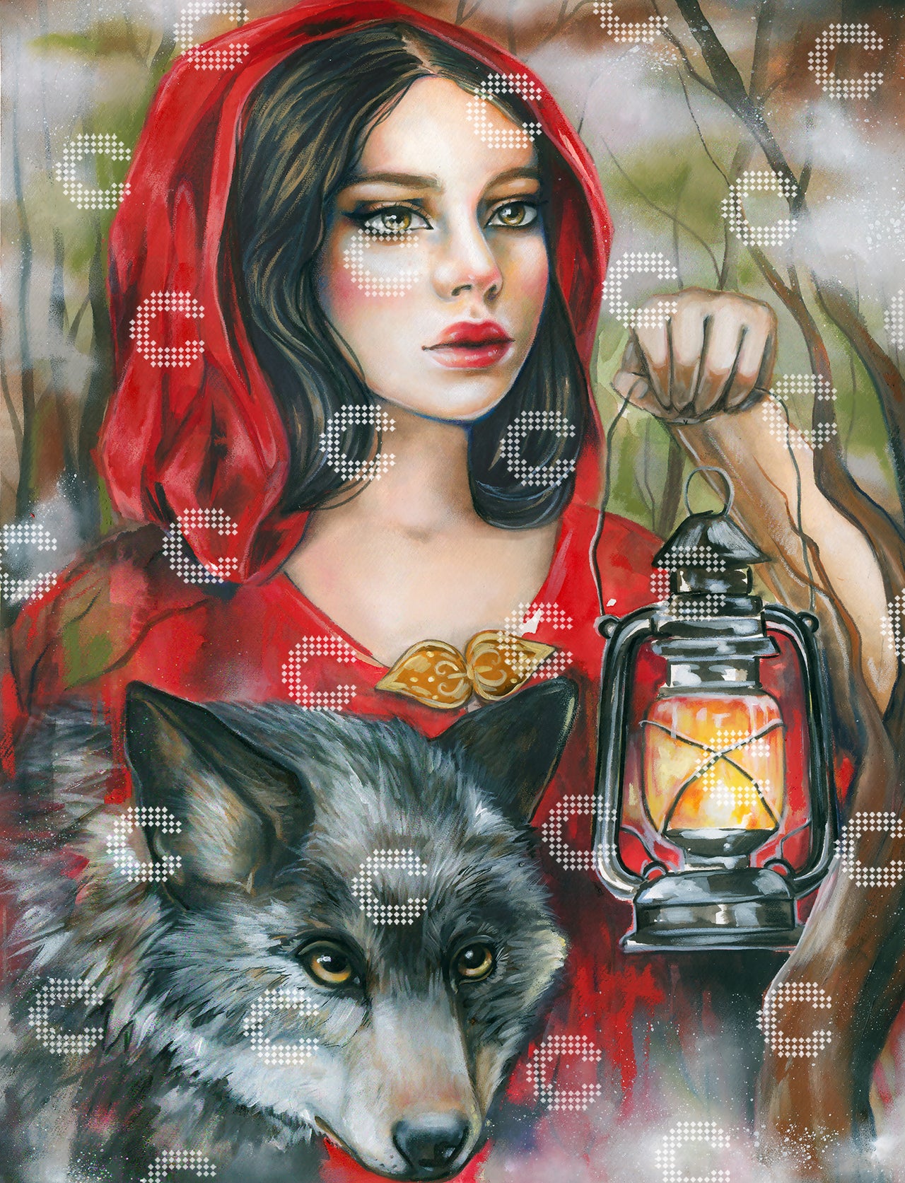 Diamond Painting Rotkäppchen im tiefroten Mantel mit Laterne und großem Wolf im nebligen, geheimnisvollen Wald