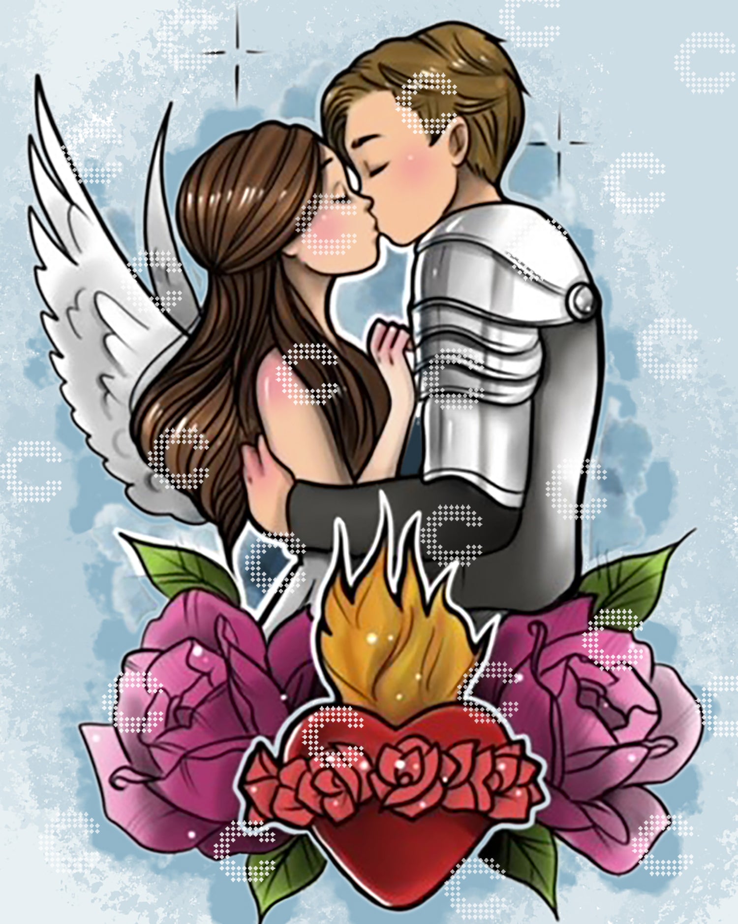 Diamond Painting Romeo und Julia beim Kuss, umgeben von leuchtenden Rosen und einem flammenden Herz im Tattoo Stil