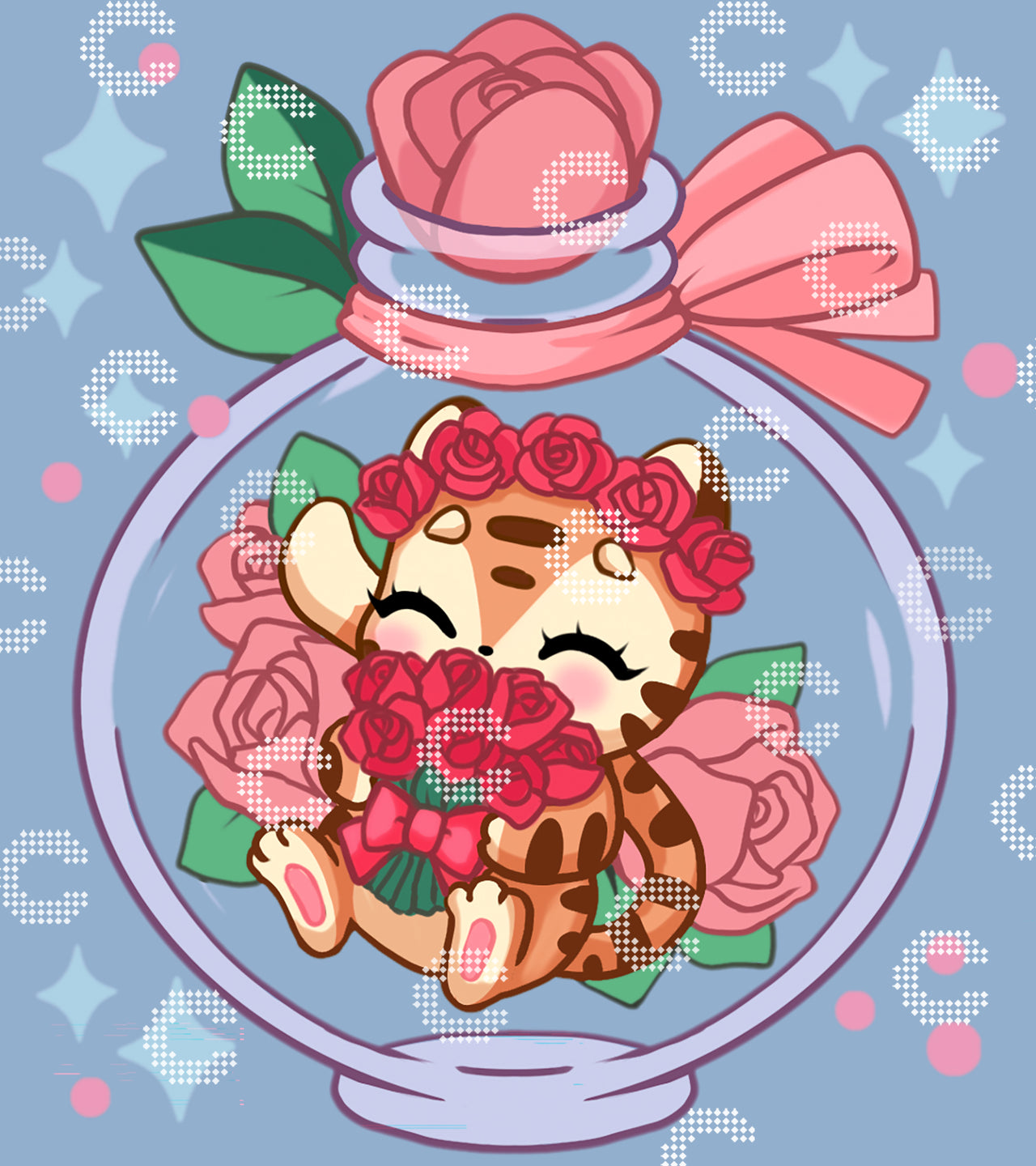 Diamond Painting Original-Motiv mit einem kleinen Tiger mit Rosenkranz auf dem Kopf und einem Rosenstrauß im Arm, sitzend in einem Glasflakon mit rosa Schleife und grünen Blättern am Flaschenhals