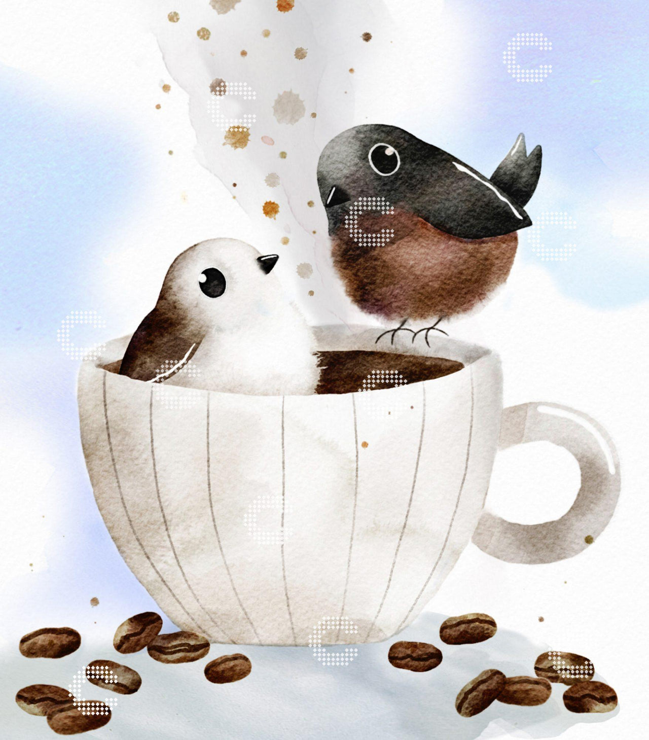 Diamond Painting zwei kleine Vögel in einer Kaffeetasse umgeben von Kaffeebohnen und aufsteigendem Kaffeedampf