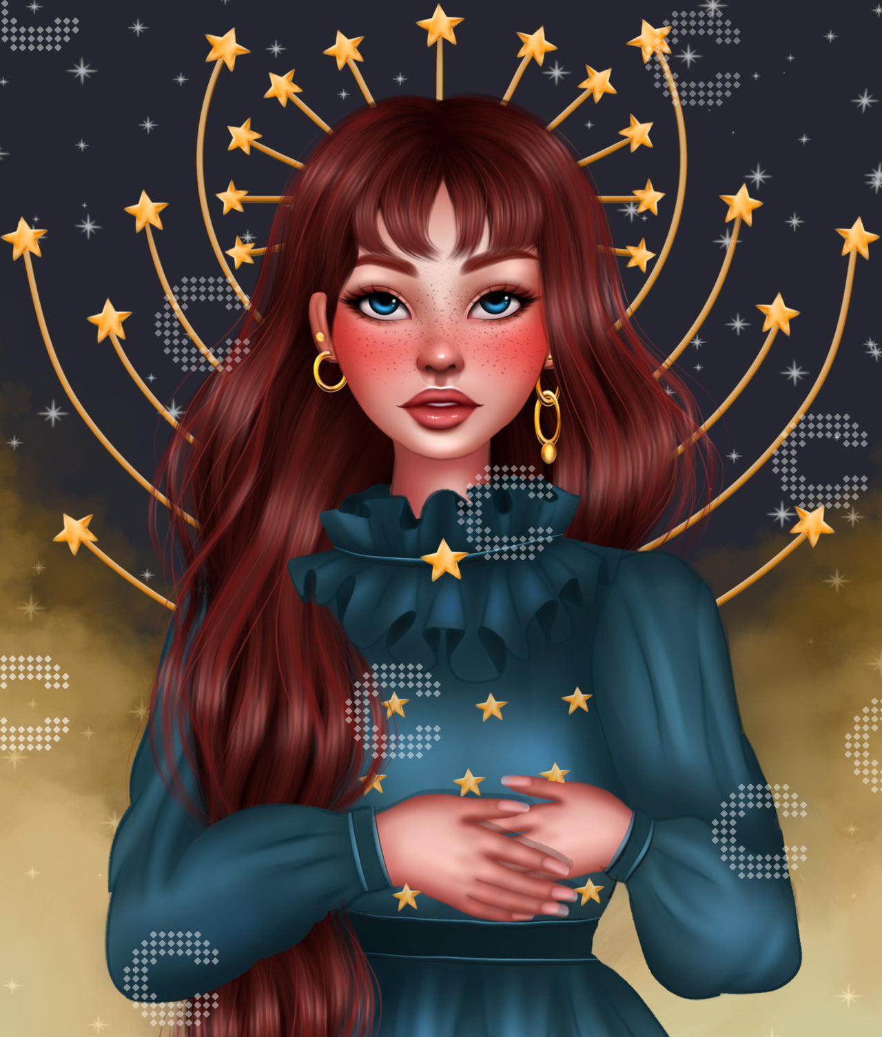 Diamond Painting einer Schicksalsgöttin mit langen roten Haaren und türkisem Kleid, die funkelnde Sterne in ihren Händen hält, vor einem magischen Hintergrund mit Sternenkonstellationen