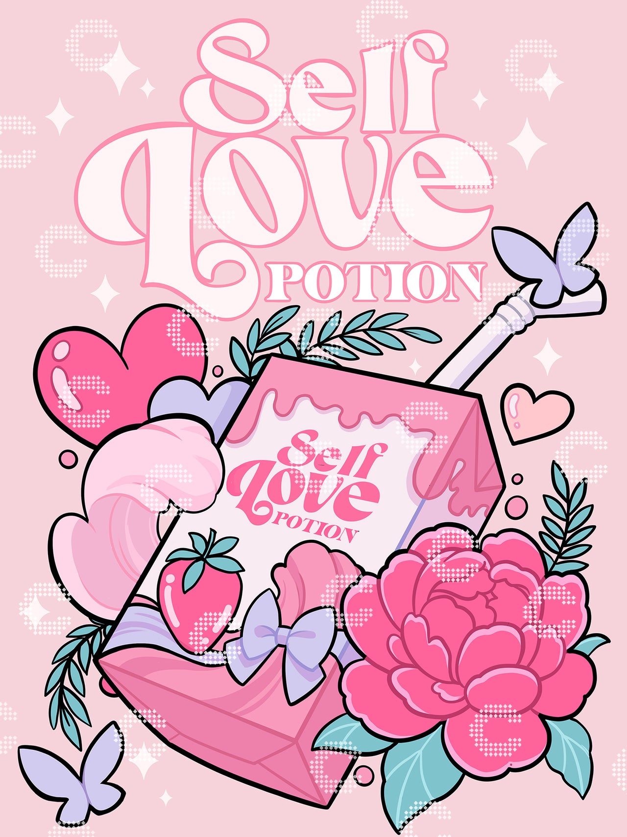 Diamond Painting Self Love Potion Schriftzug mit süßem Saftkarton, Strohhalm, Blumen, Herzen und Schmetterlingen als zauberhaftes Kawaii Motiv