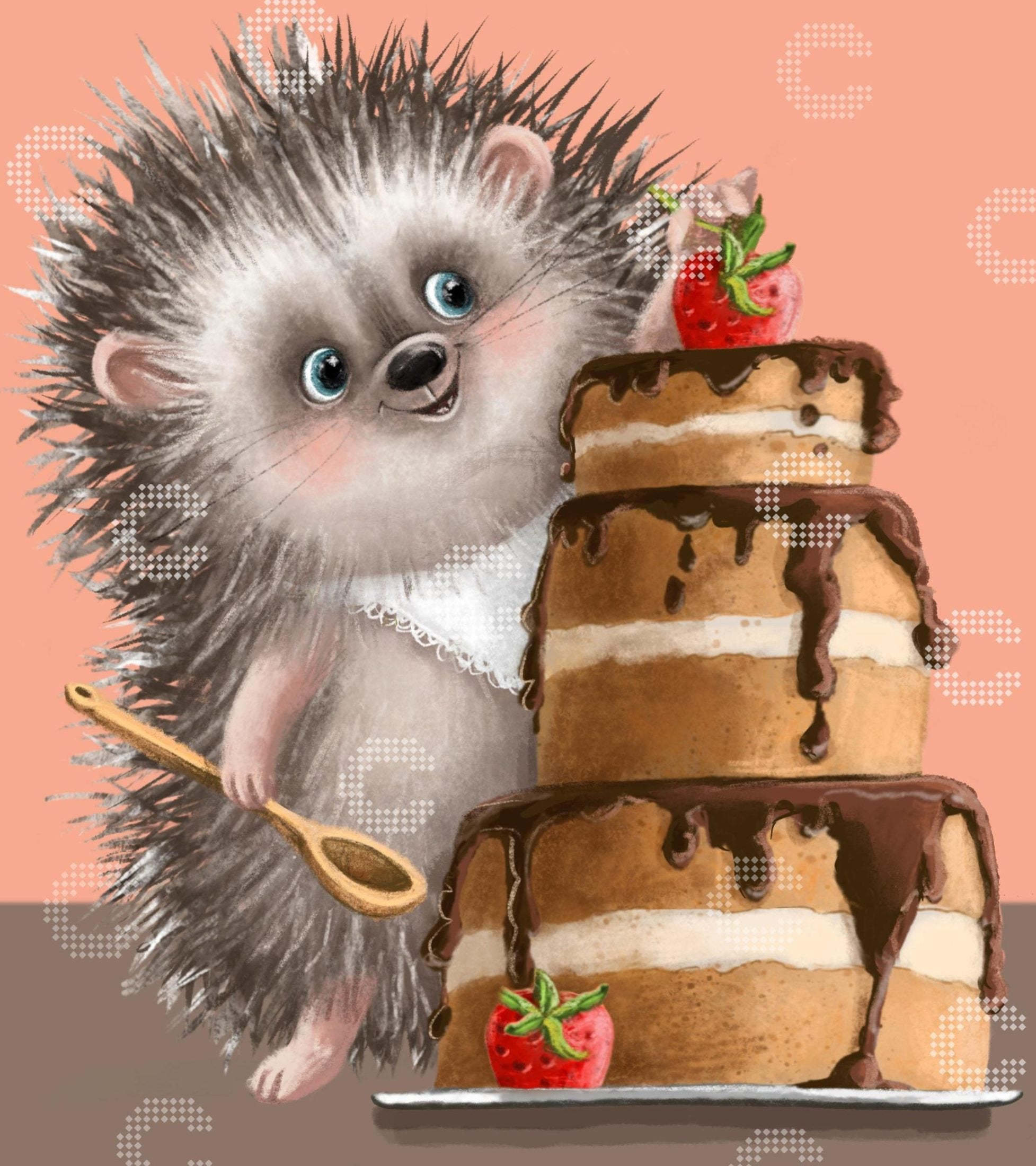 Diamond Painting kleiner Igel mit Kochlöffel und dreistöckiger Torte mit Schokolade und Erdbeeren