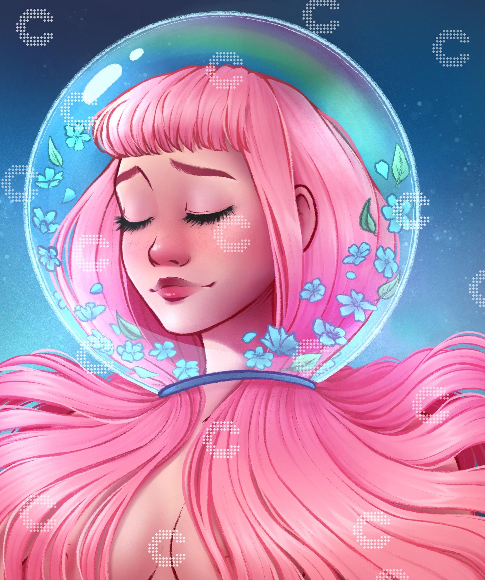 Diamond Painting Mädchen mit rosa Haaren und geschlossenen Augen unter einer transparenten Glassphäre als verträumtes Fantasy Portrait