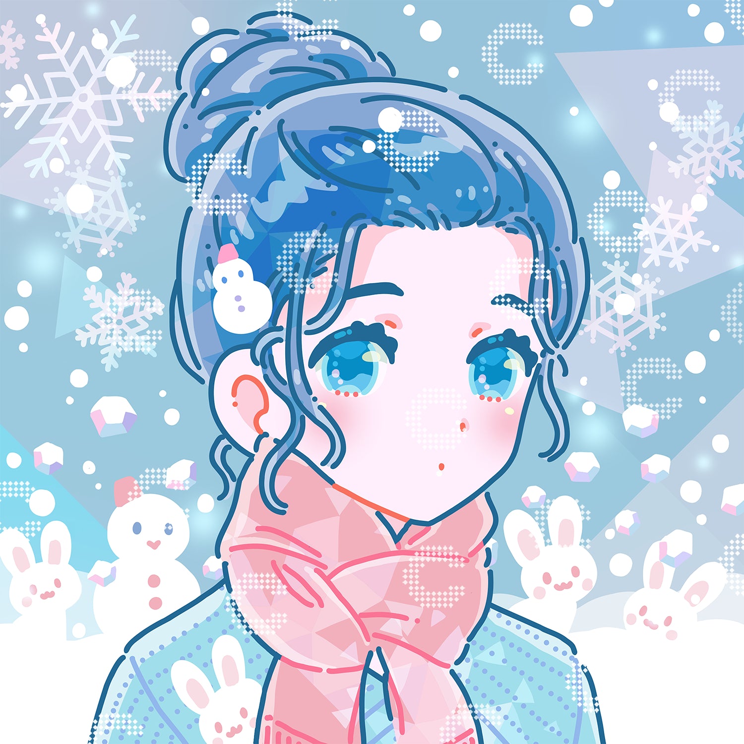 Diamond Painting Original-Kunstwerk von Hiroko mit einem Mädchen im Schnee und einem rosa Schal, umgeben von tanzenden Schneeflocken und glitzernden Eiskristallen, mit kleinen Schneehäschen und einem Schneemann im Hintergrund in zarten Pastellfarben