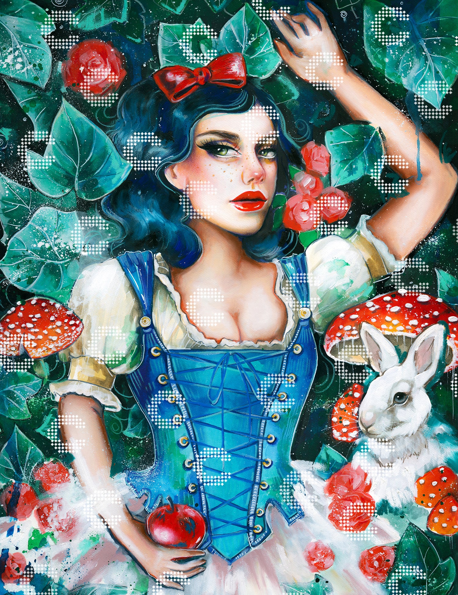 Diamond Painting Original-Kunstwerk mit Schneewittchen im blauen Mieder, die einen roten Apfel in der Hand hält, umgeben von blutroten Rosen, giftigen Pilzen und dichtem Laub, während ein kleines flauschiges Kaninchen aus dem Laub hervorschaut