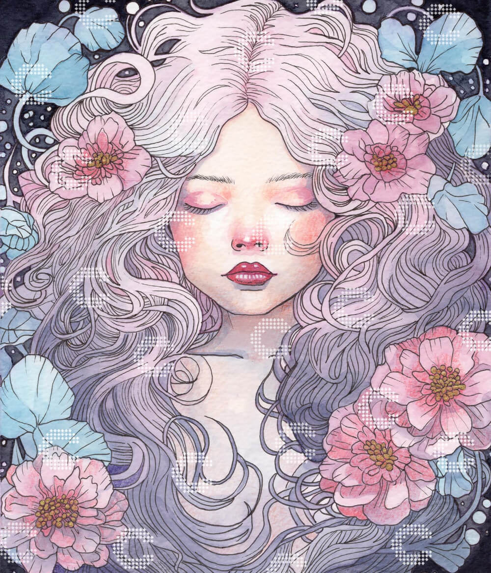 Diamond Painting Original-Motiv mit schlafendem Mädchen, umgeben von langen, fließenden Haarlocken, die mit zarten rosa Blüten und grünen Blättern geschmückt sind, in romantischer Atmosphäre