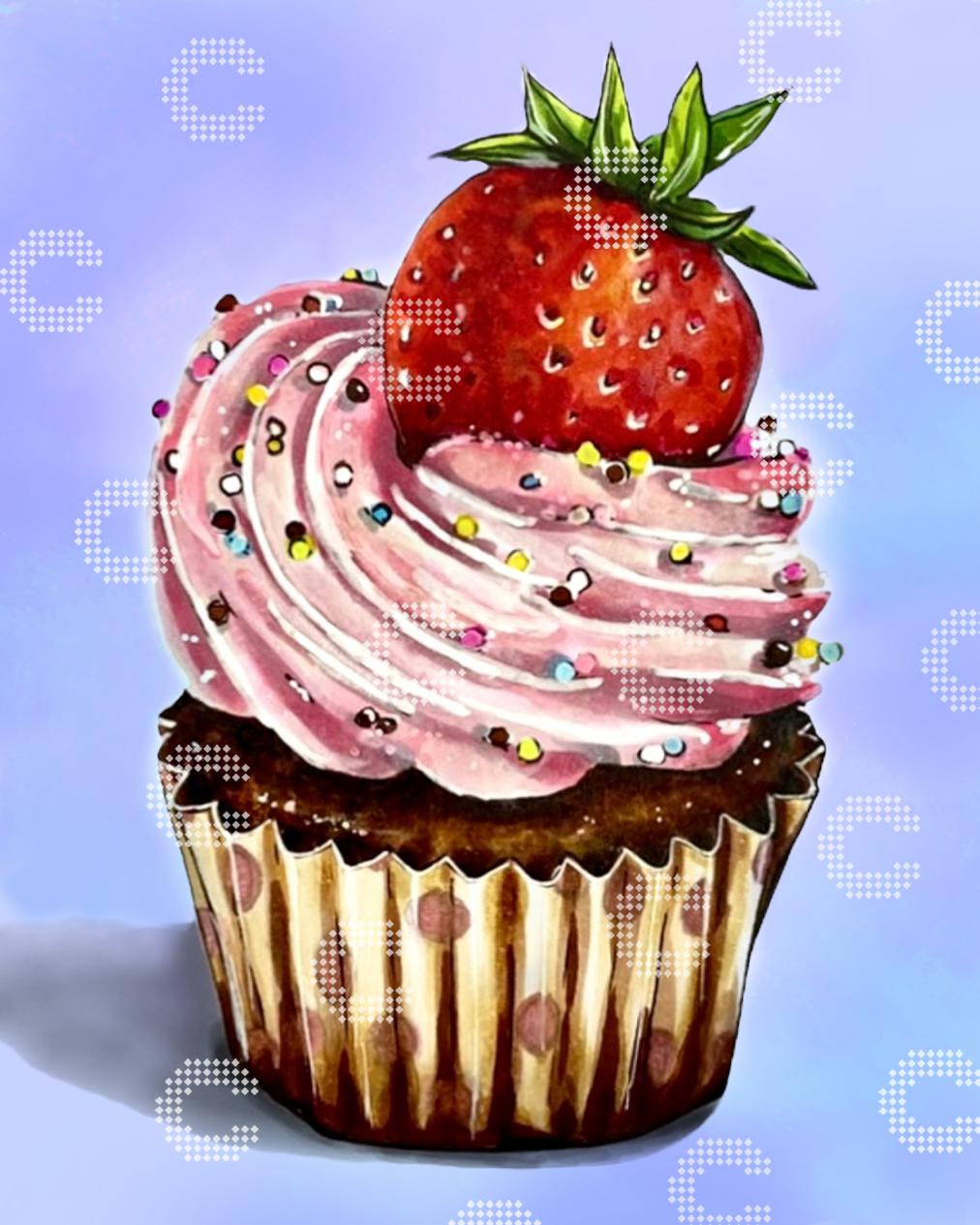 Diamond Painting Cupcake mit Erdbeere, rosa Creme und bunten Zuckerstreuseln