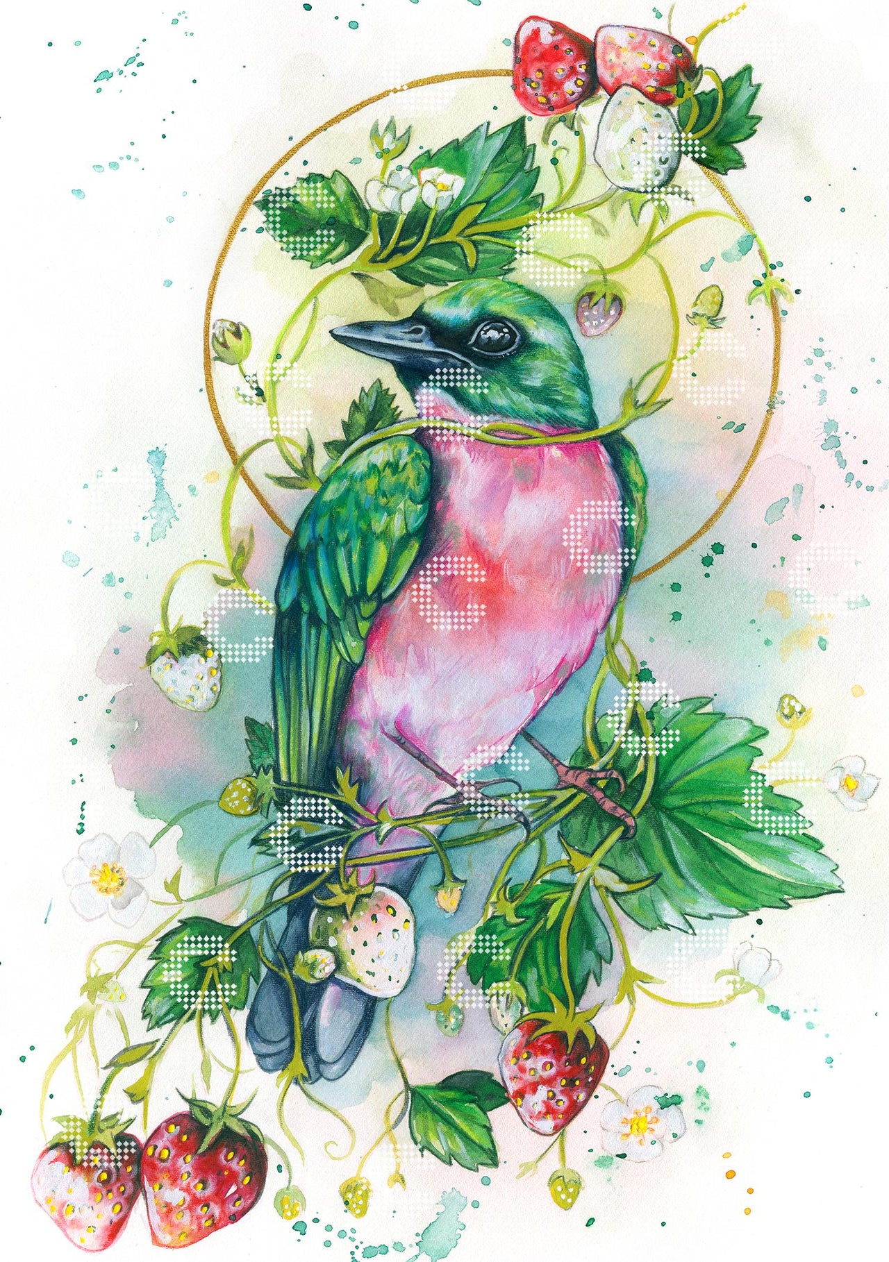 Diamond Painting mit grün-rotem Vogel zwischen Erdbeerranken, reifen Erdbeeren und zarten Erdbeerblüten